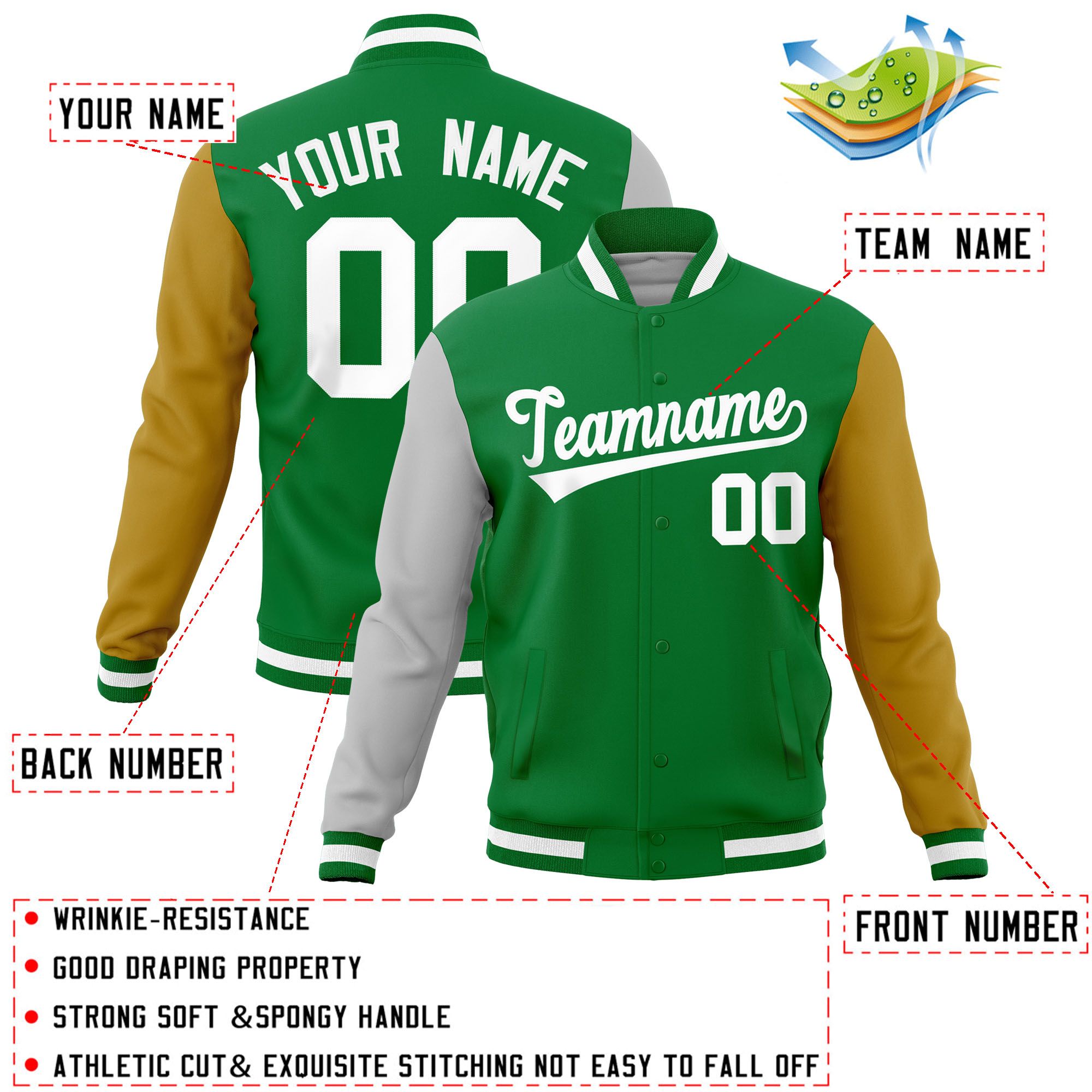 Custom Kelly Green Old Gold-Gray Raglan Sleeves Varsity Full-Snap Letterman Jacket