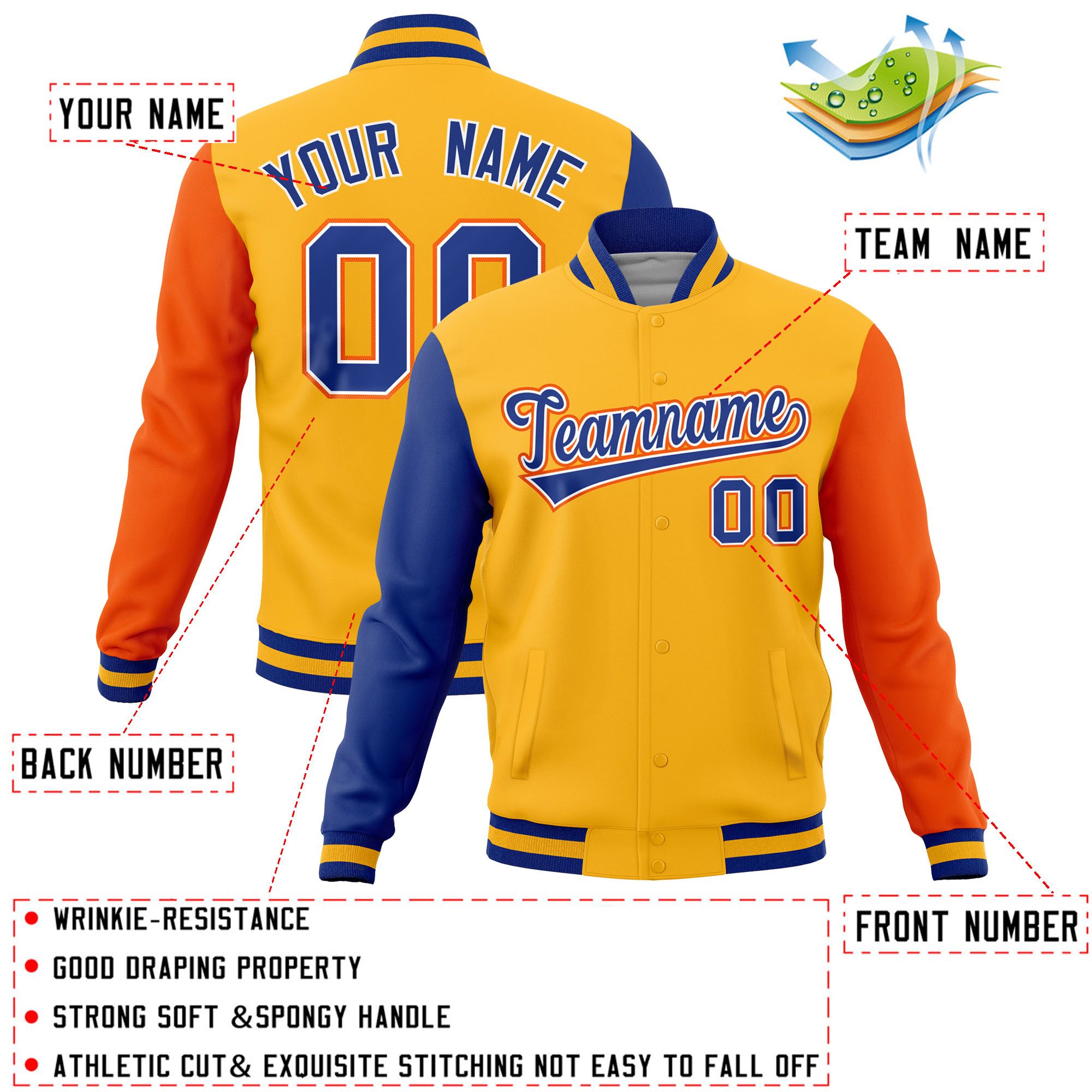 Custom Gold Orange-Royal Raglan Sleeves Varsity Full-Snap Letterman Jacket