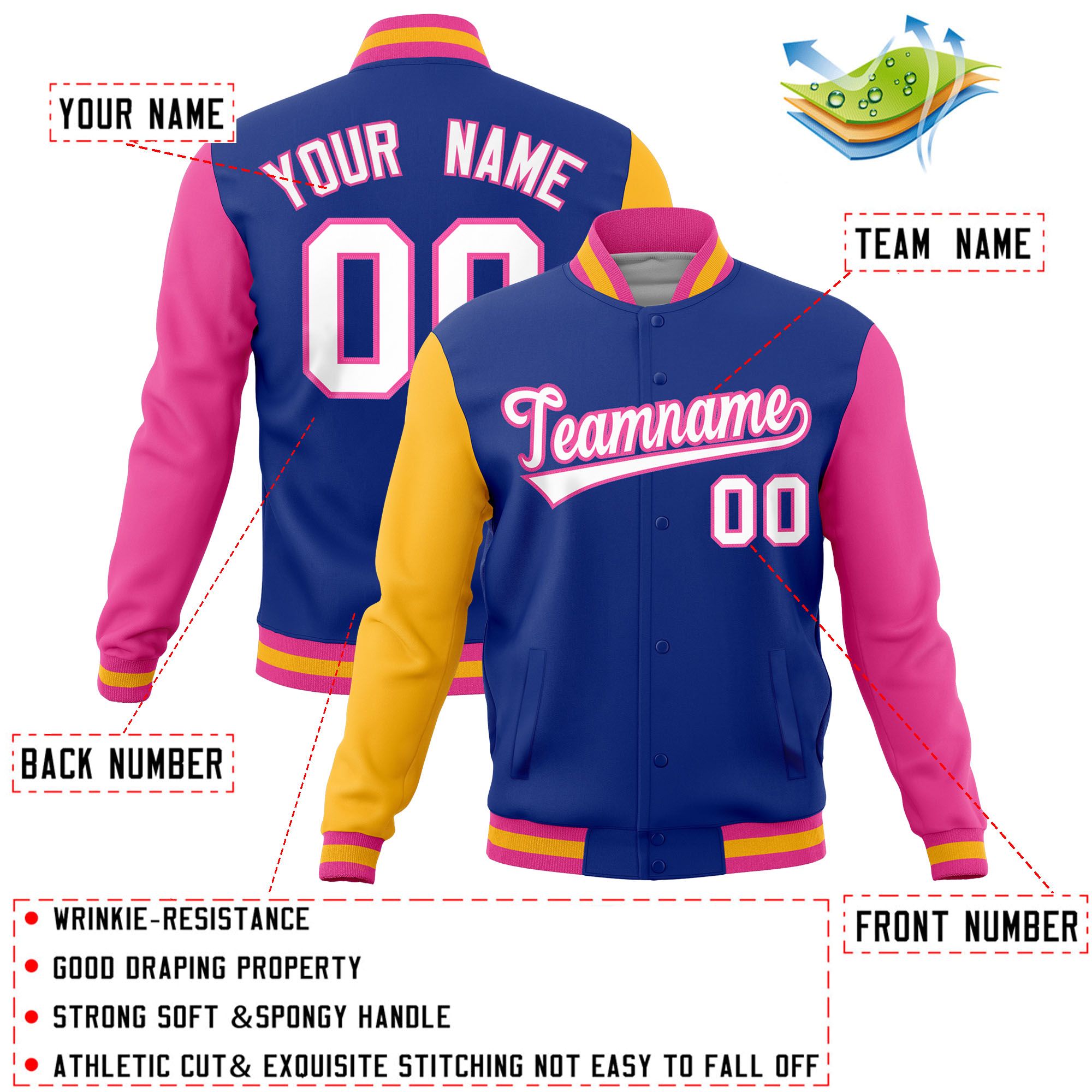 Custom Royal Pink-Gold Raglan Sleeves Varsity Full-Snap Letterman Jacket