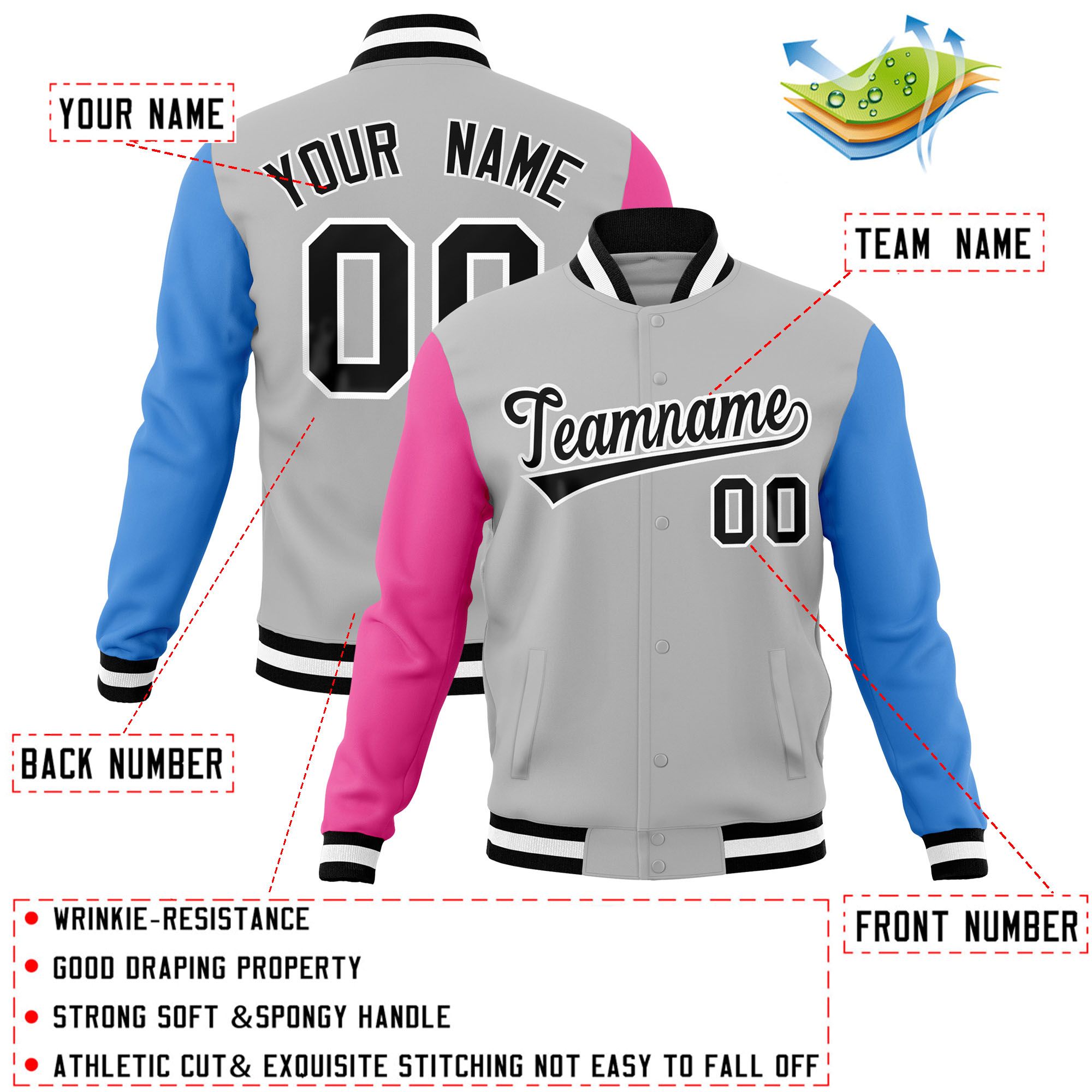 Custom Gray Pink-Powder Blue Raglan Sleeves Varsity Full-Snap Letterman Jacket