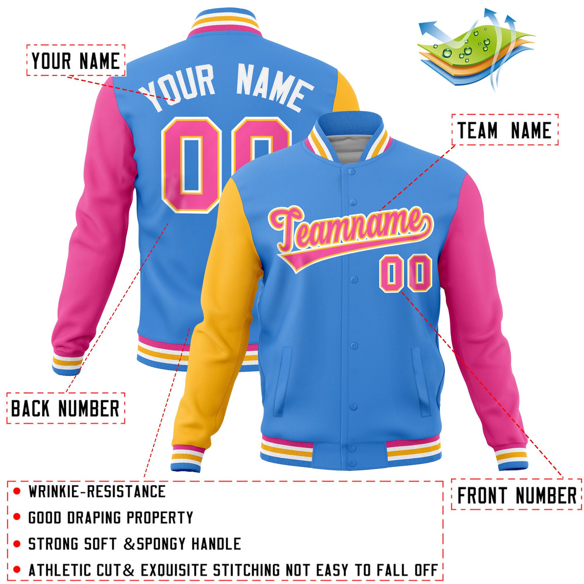 Custom Powder Blue Pink-Gold Raglan Sleeves Varsity Full-Snap Letterman Jacket