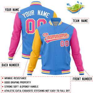 Custom Powder Blue Pink-Gold Raglan Sleeves Varsity Full-Snap Letterman Jacket