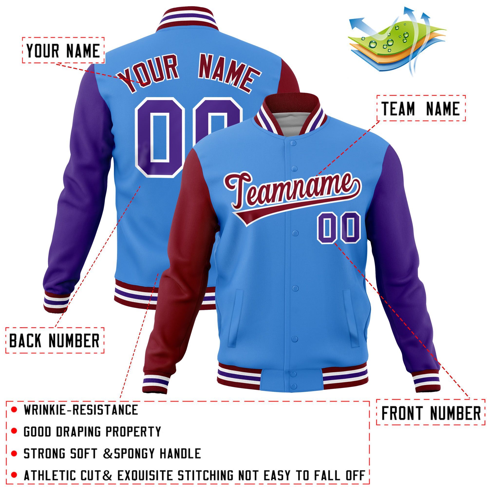 Custom Powder Blue Purple-Crimson Raglan Sleeves Varsity Full-Snap Letterman Jacket