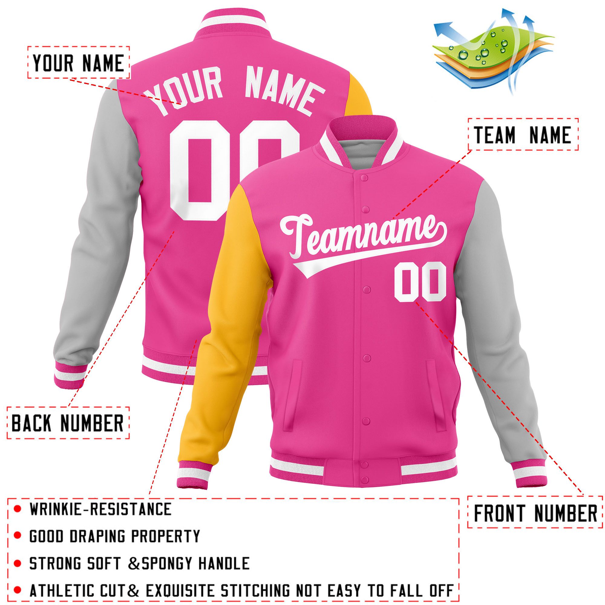 Custom Pink Gray-Gold Raglan Sleeves Varsity Full-Snap Letterman Jacket