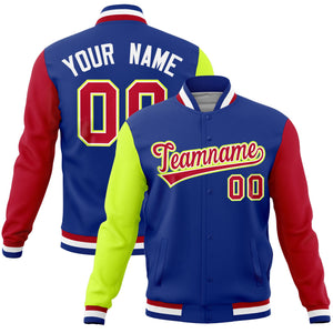 Custom Royal Red-Neon Green Raglan Sleeves Varsity Full-Snap Letterman Jacket