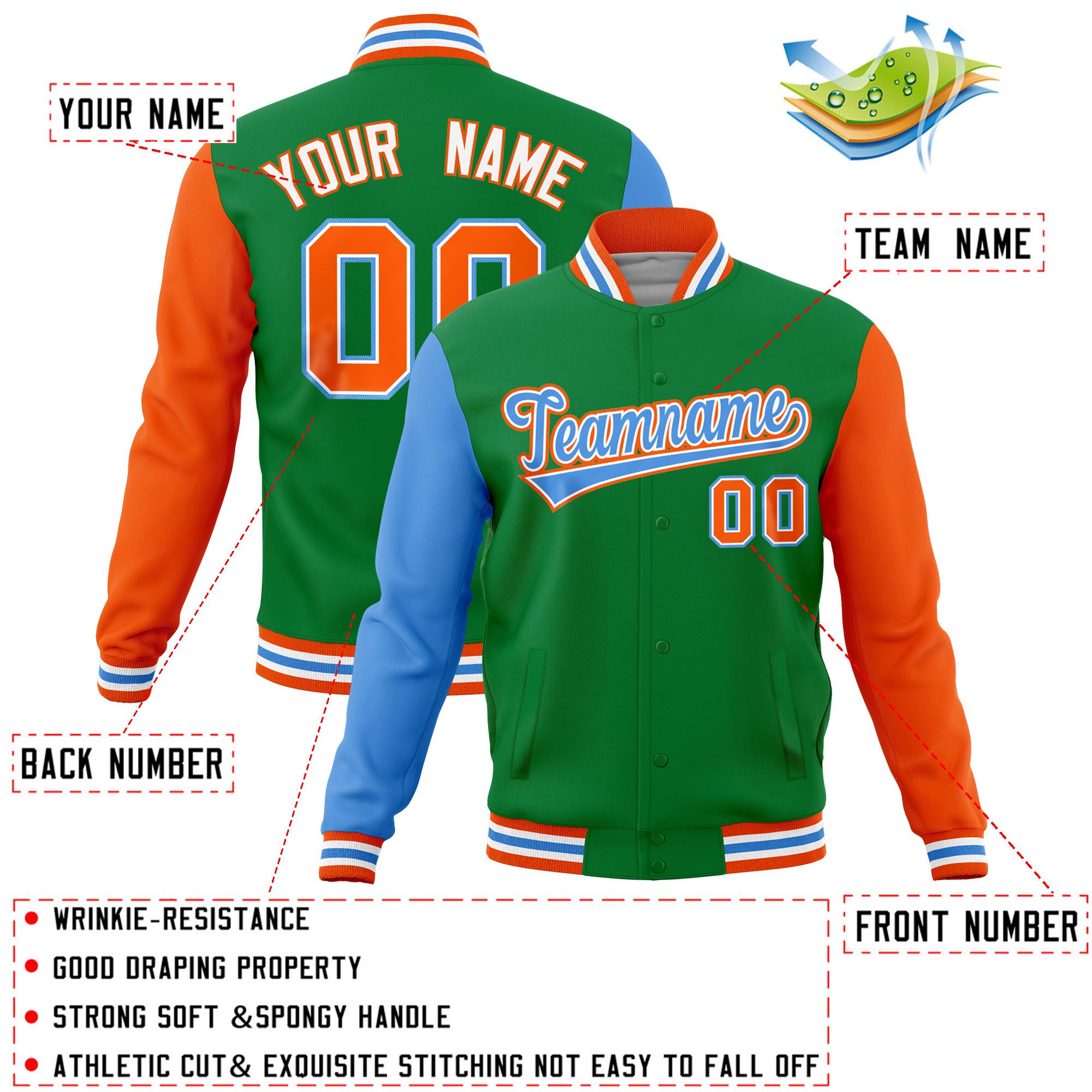 Custom Kelly Green Orange-Powder Blue Raglan Sleeves Varsity Full-Snap Letterman Jacket