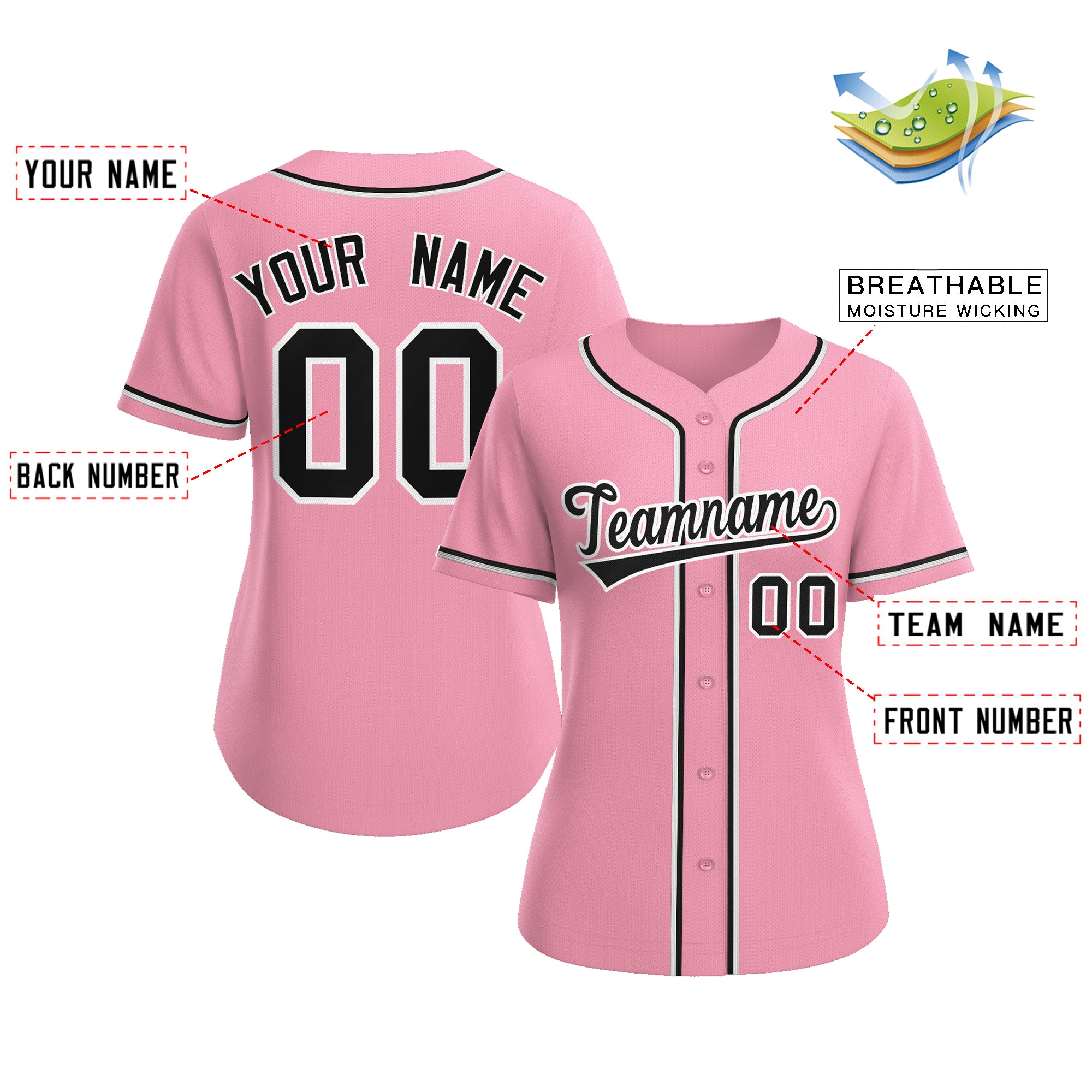 Maillot de baseball authentique de style classique rose noir-blanc personnalisé pour femmes