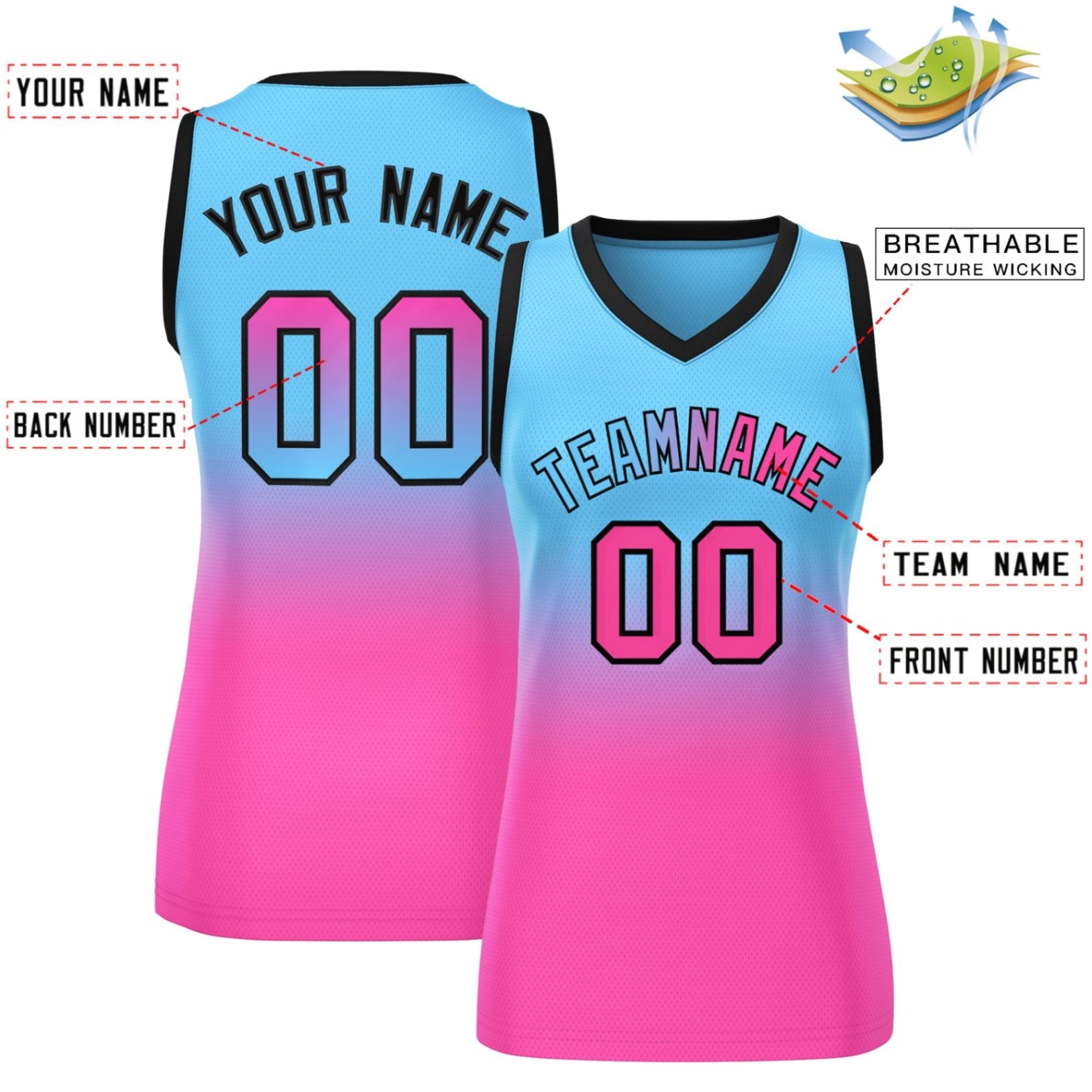 Custom Powder Blue Pink Gradient Fashion Tops Mesh Basketball Jersey For Women