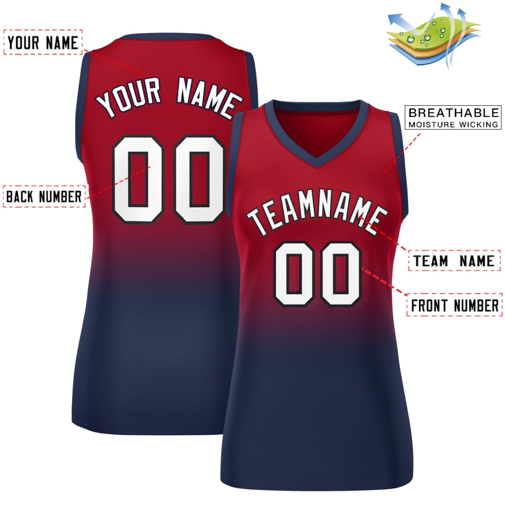 Custom Red Navy Gradient Fashion Tops Mesh Basketball Jersey For Women