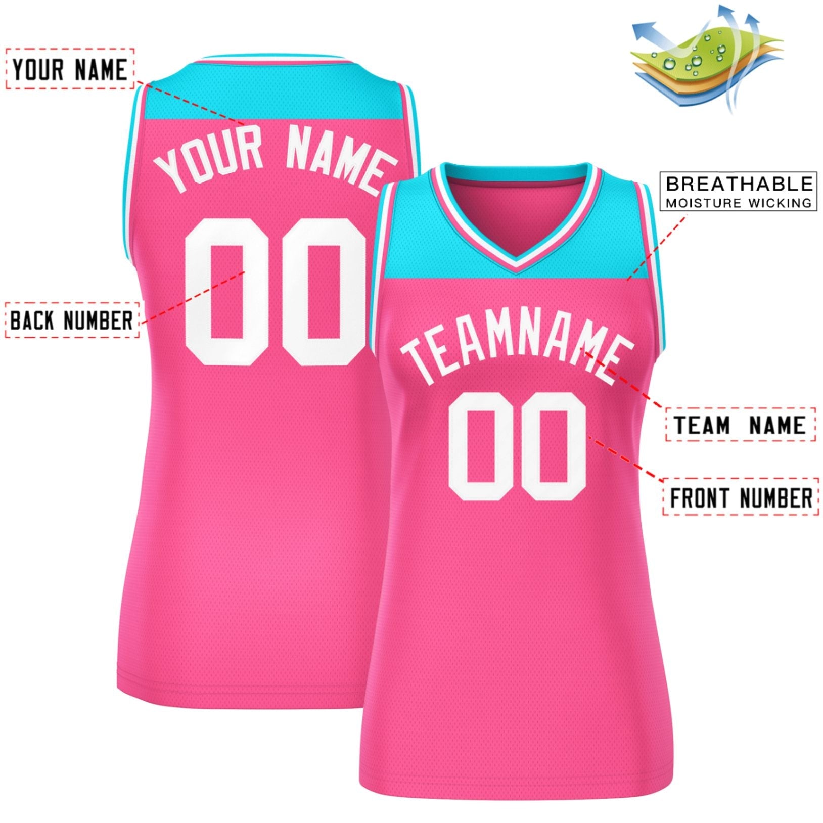 Custom Powder Blue Pink Color Block Fashion Tops Mesh Basketball Jersey For Women