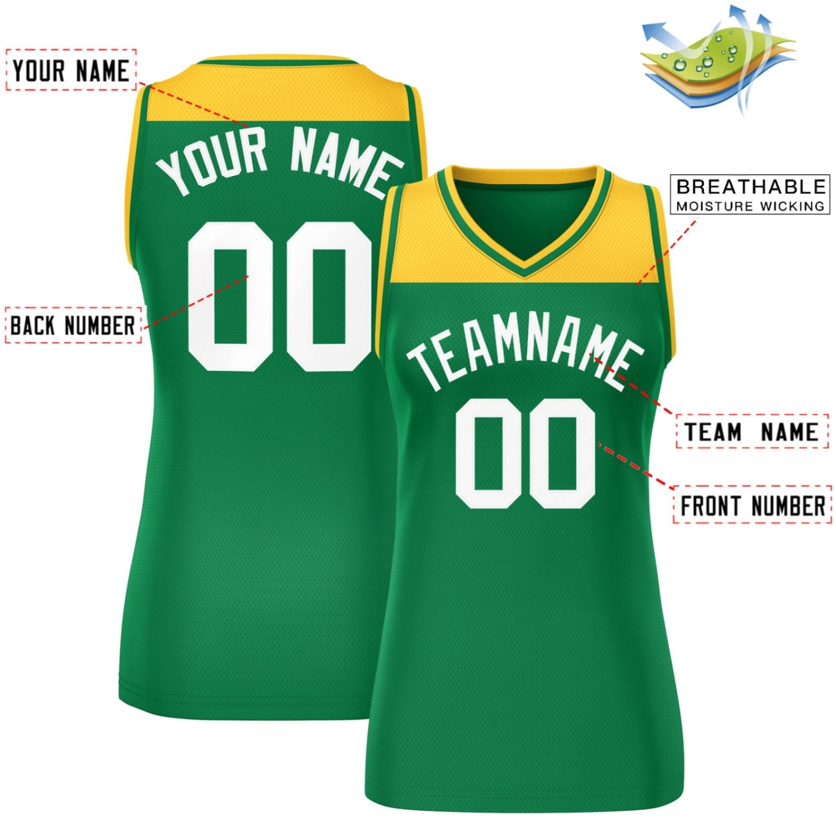 Custom Gold Kelly Green Color Block Fashion Tops Mesh Basketball Jersey For Women