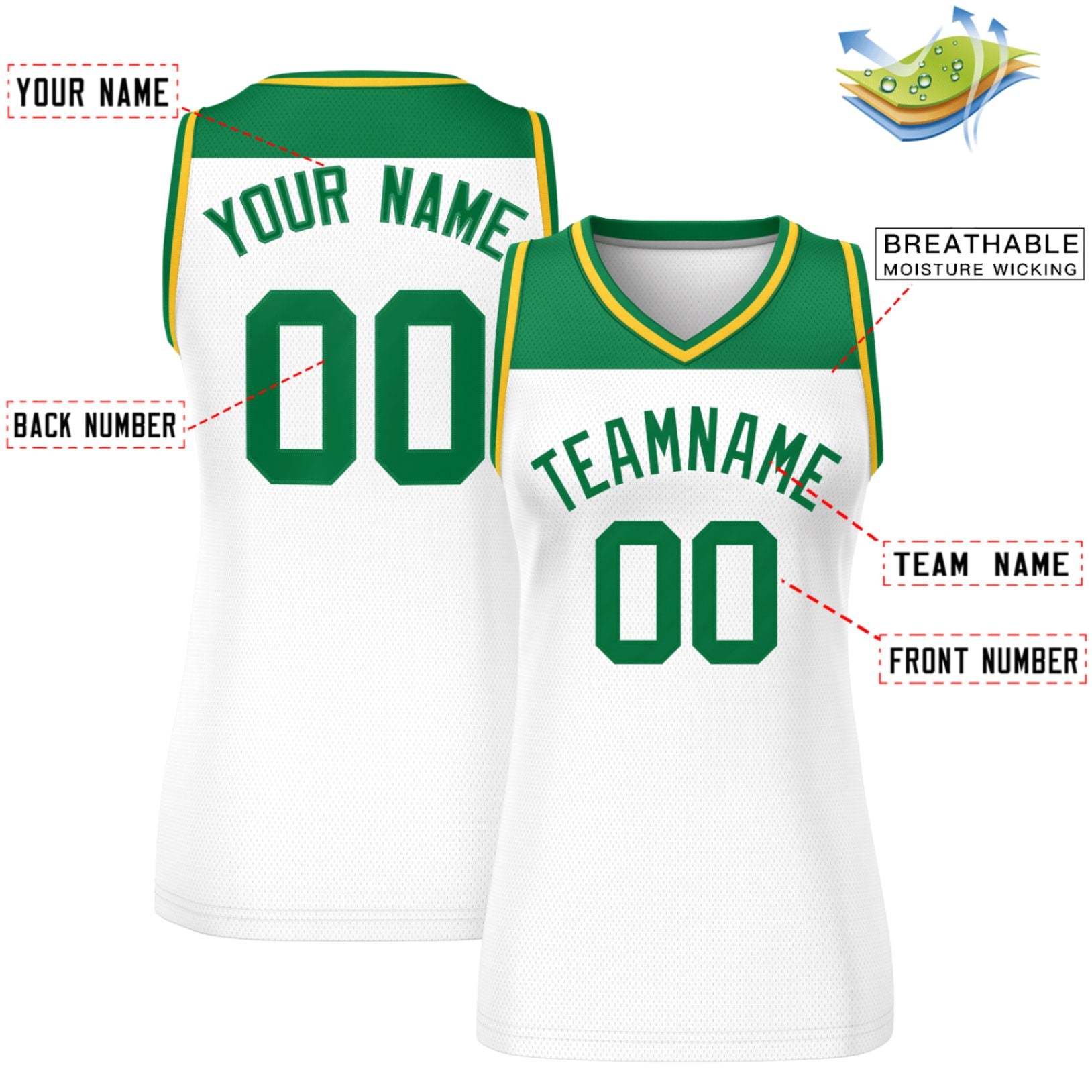 Custom Kelly Green White Color Block Fashion Tops Mesh Basketball Jersey For Women