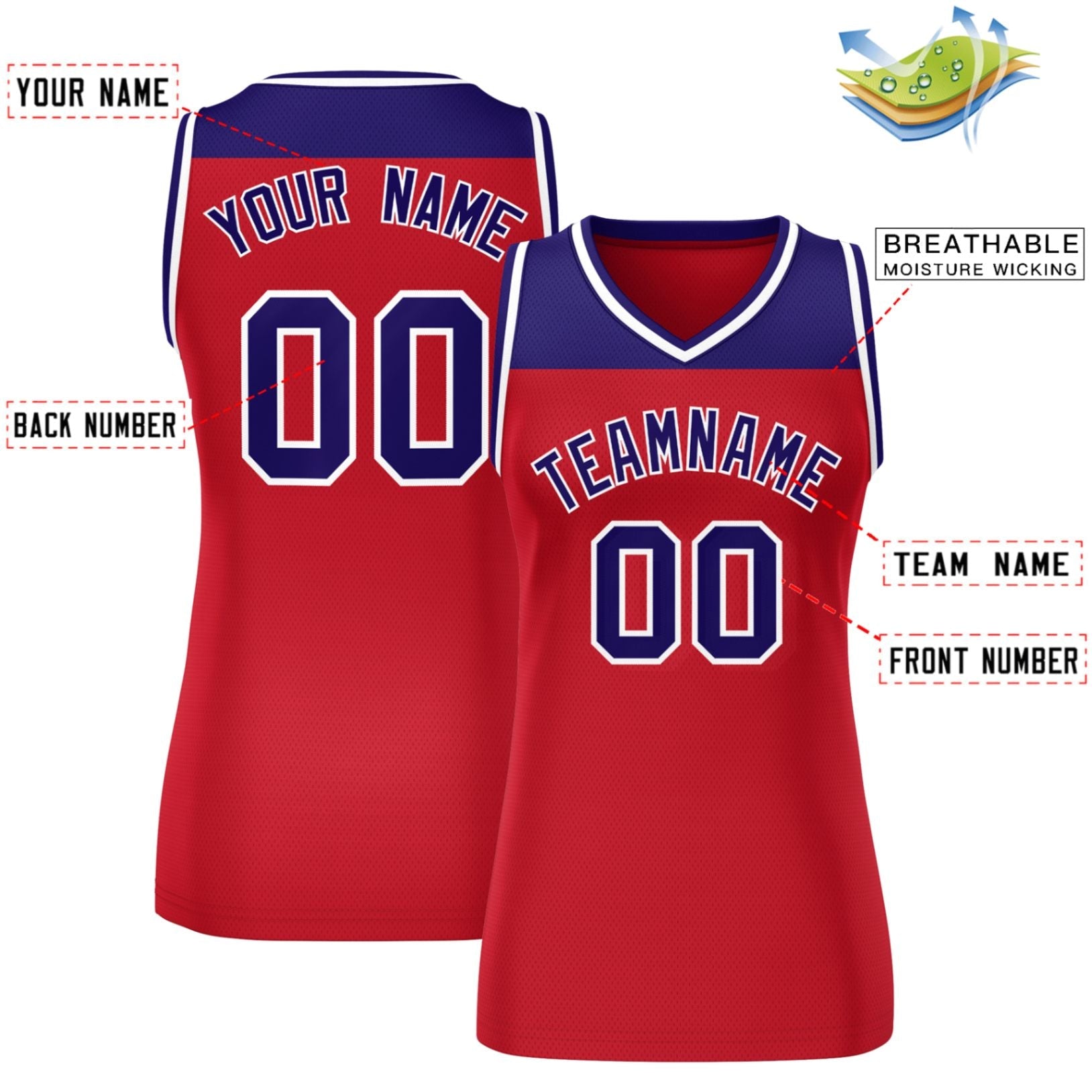 Custom Purple Red Color Block Fashion Tops Mesh Basketball Jersey For Women