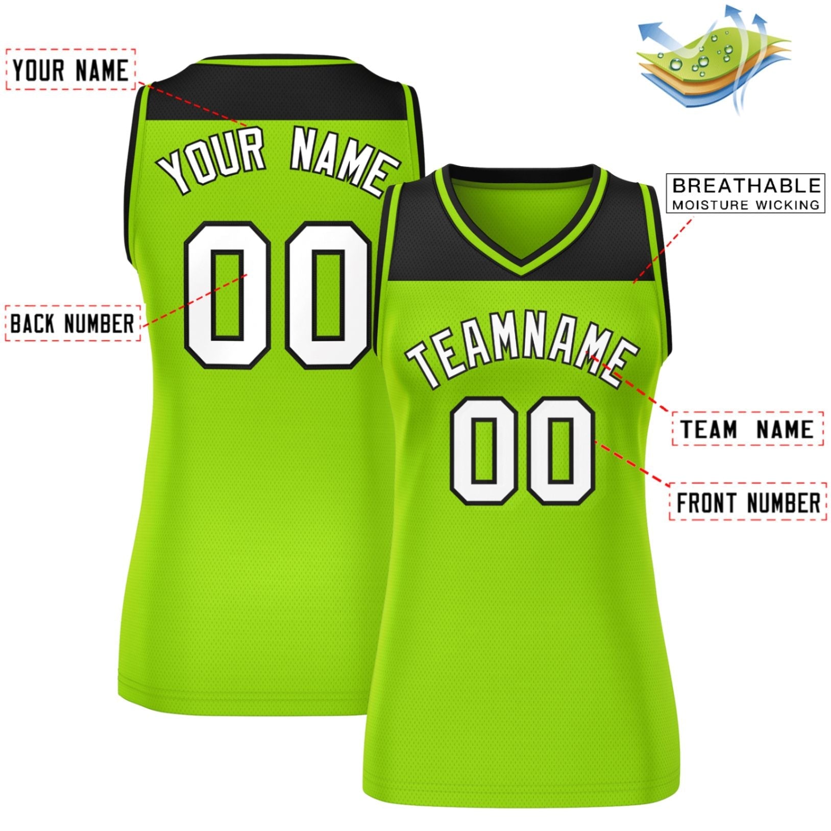 Custom Black Neon Green Color Block Fashion Tops Mesh Basketball Jersey For Women