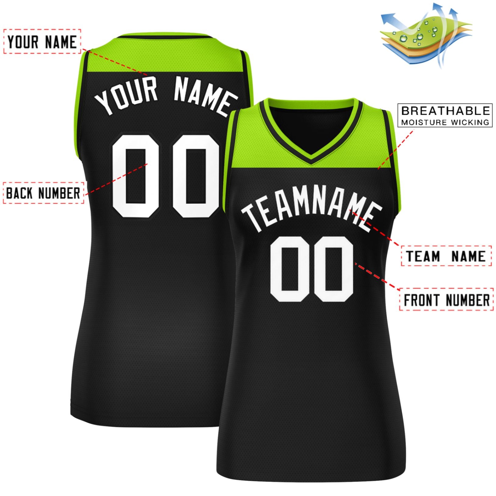 Custom Neon Green Black Color Block Fashion Tops Mesh Basketball Jersey For Women