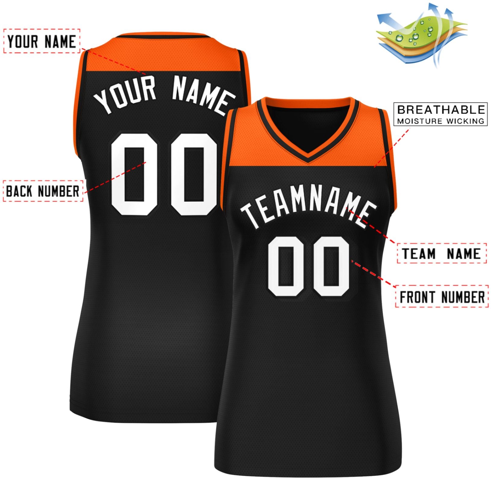 Custom Orange Black Color Block Fashion Tops Mesh Basketball Jersey For Women