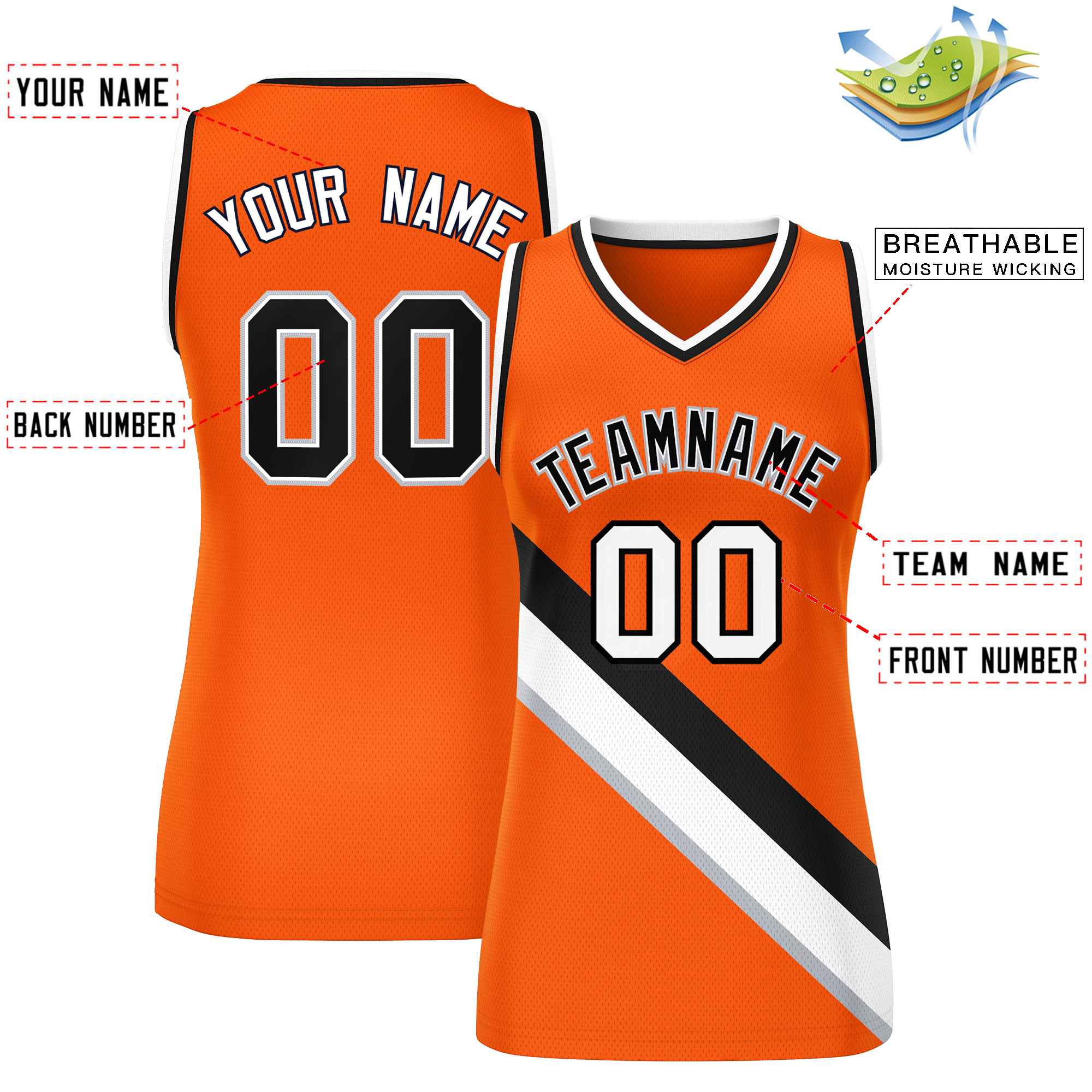 Custom Orange Black-White Thick Slash Fashion Tops Mesh Basketball Jersey For Women