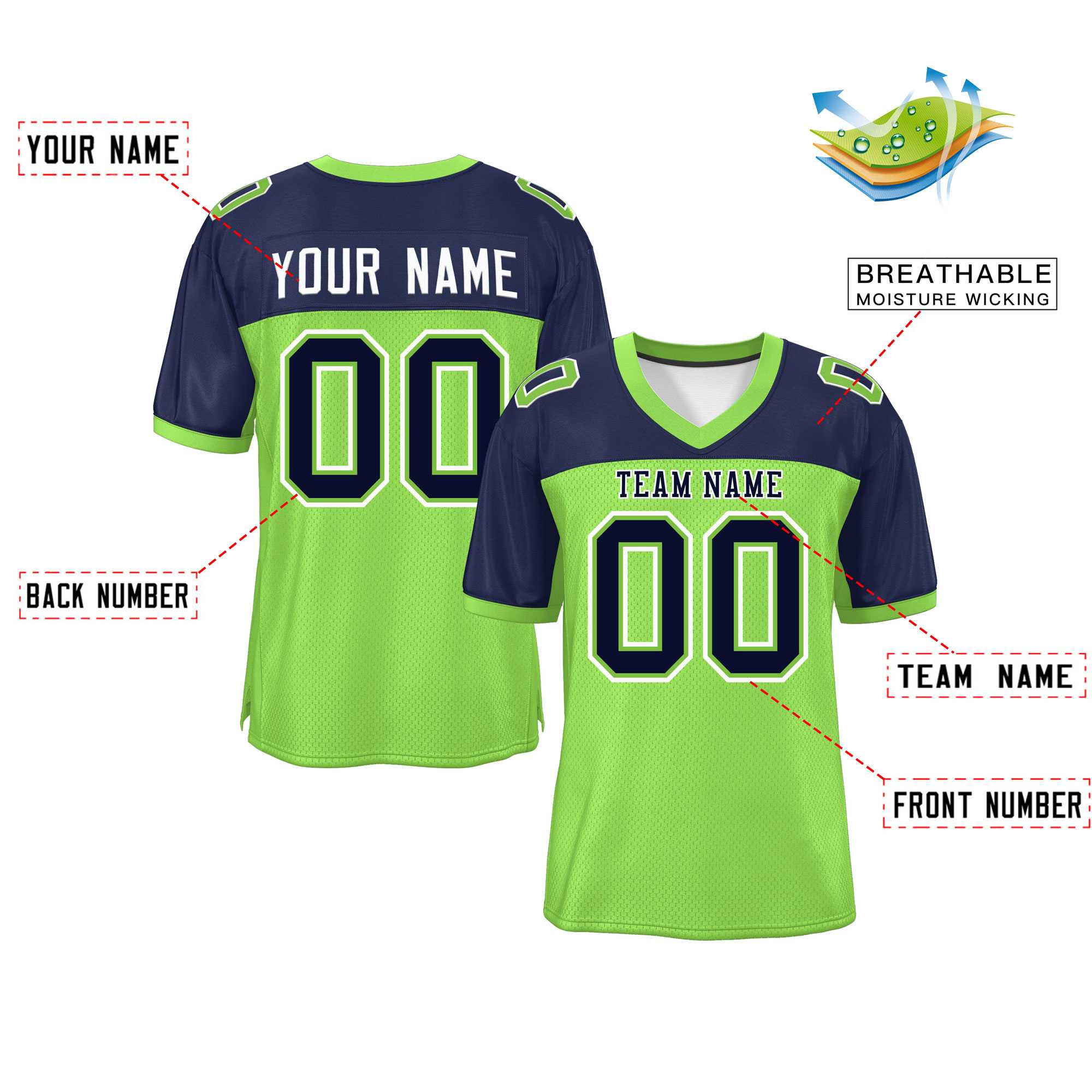 Custom Neon Green-Navy Raglan Sleeves Fashion Authentic Football Jersey