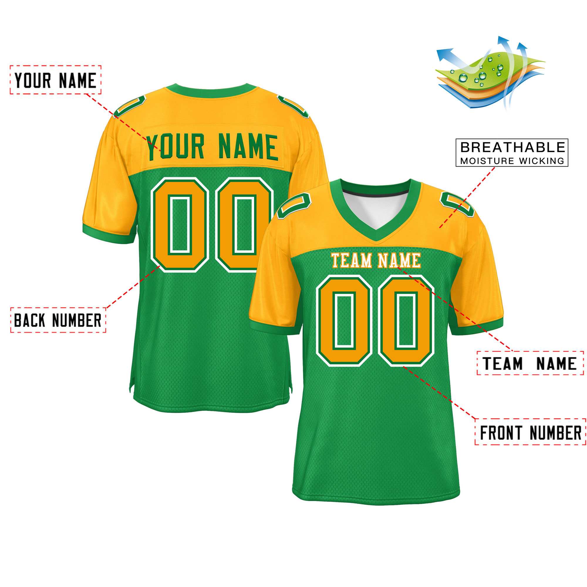 Custom Kelly Green-Yellow Raglan Sleeves Fashion Authentic Football Jersey