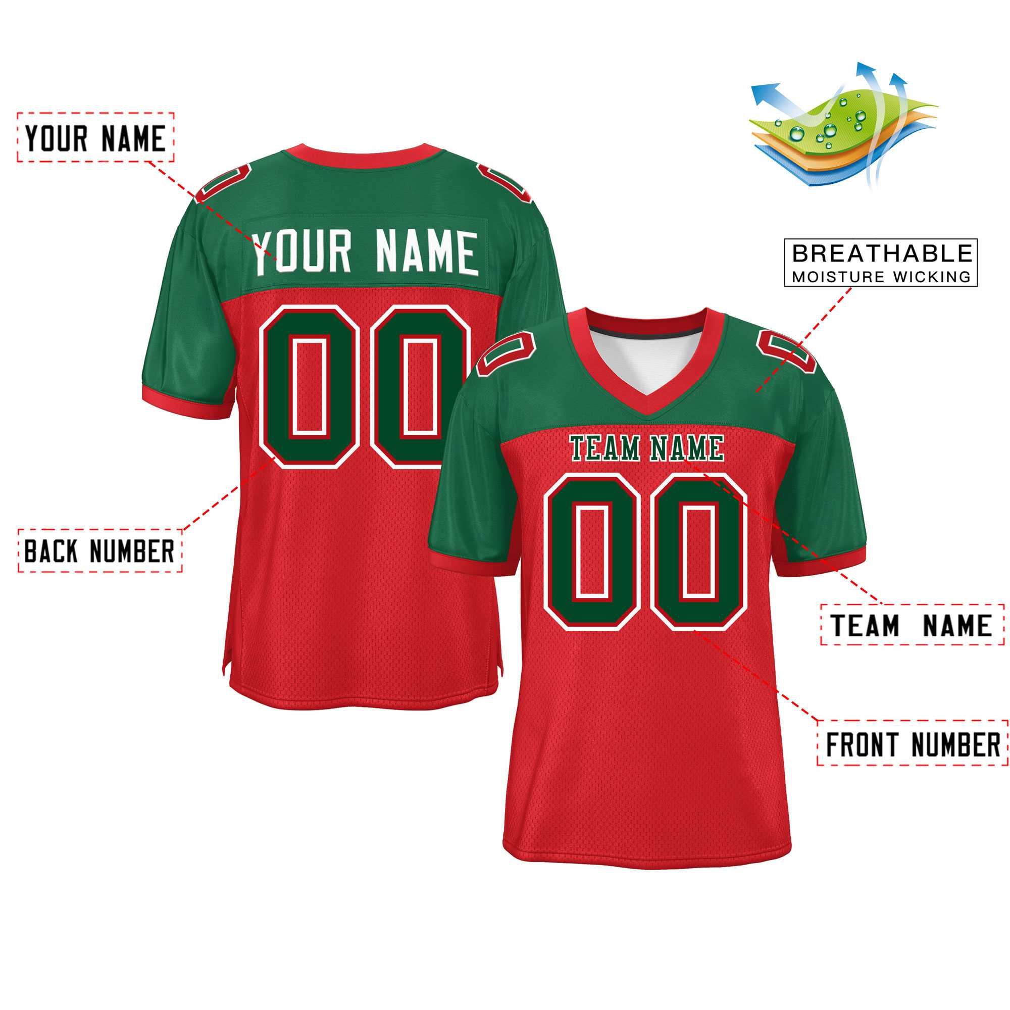 Custom Red-Green Raglan Sleeves Fashion Authentic Football Jersey