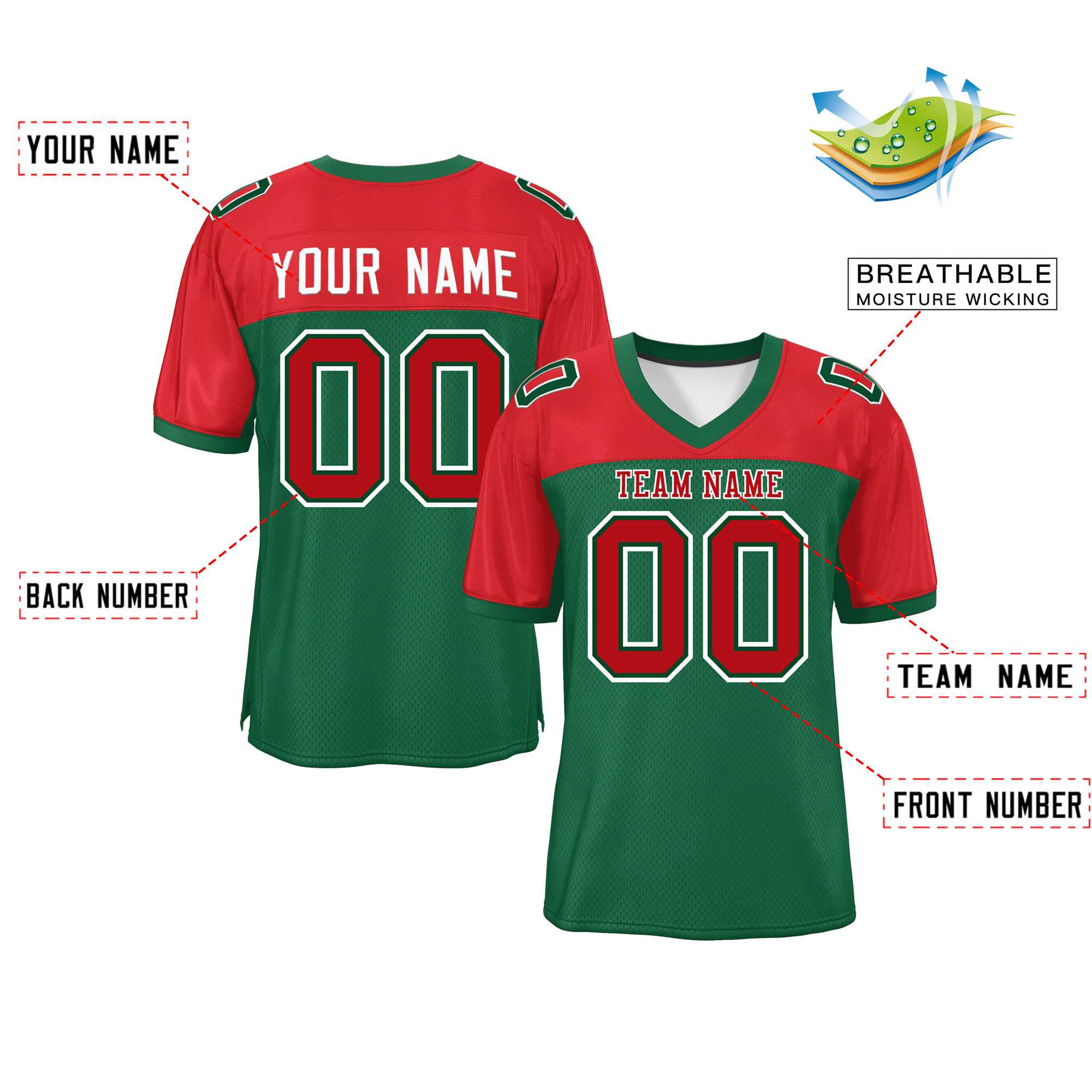 Custom Green-Red Raglan Sleeves Fashion Authentic Football Jersey