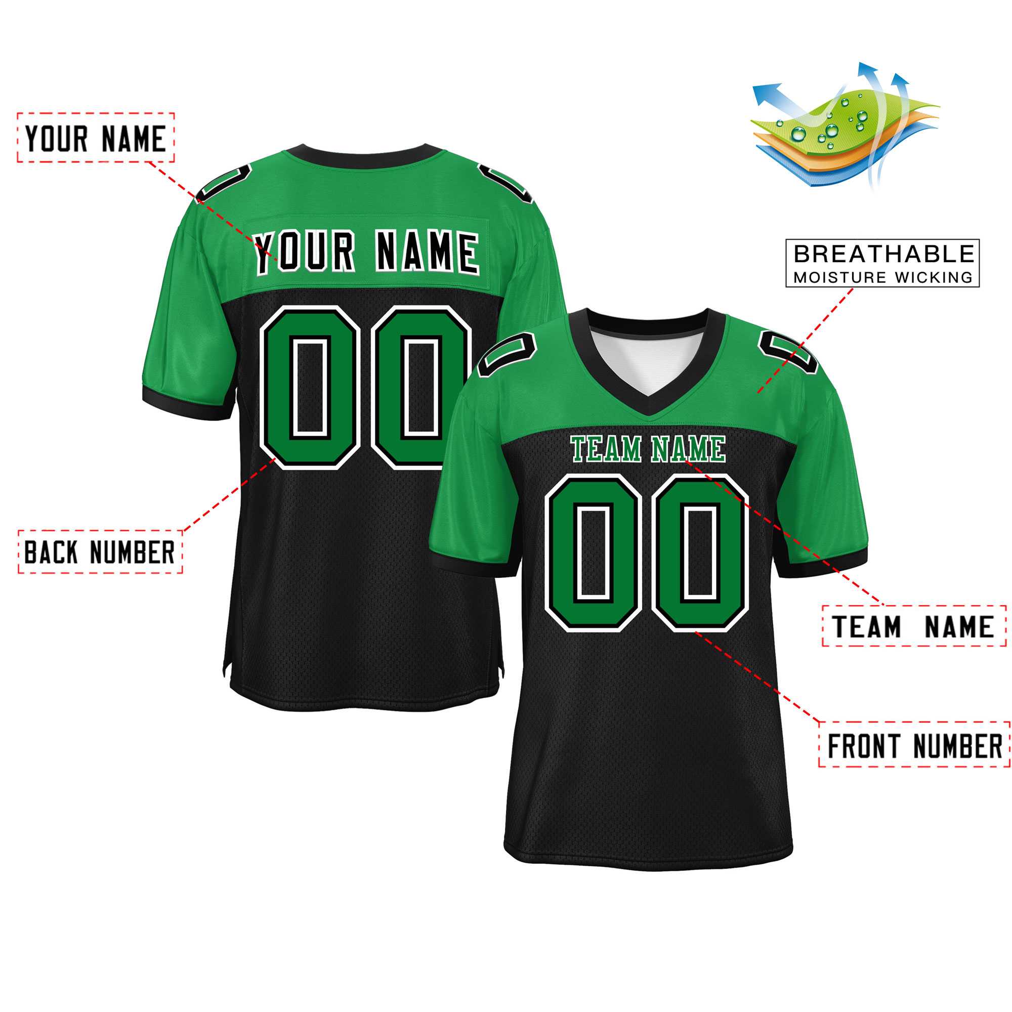 Custom Black-Kelly Green Raglan Sleeves Fashion Authentic Football Jersey