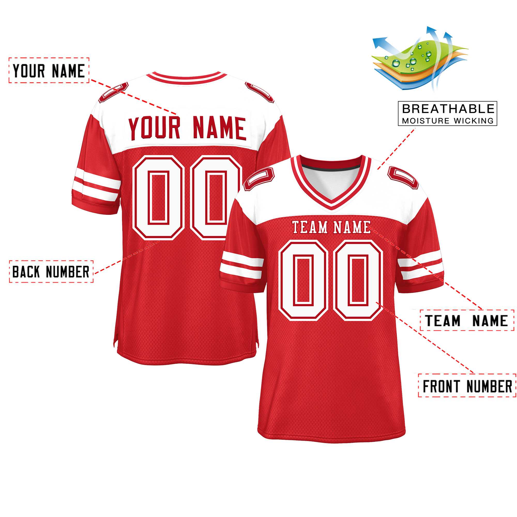 Custom Red White Personalized Color Block Authentic Football Jersey