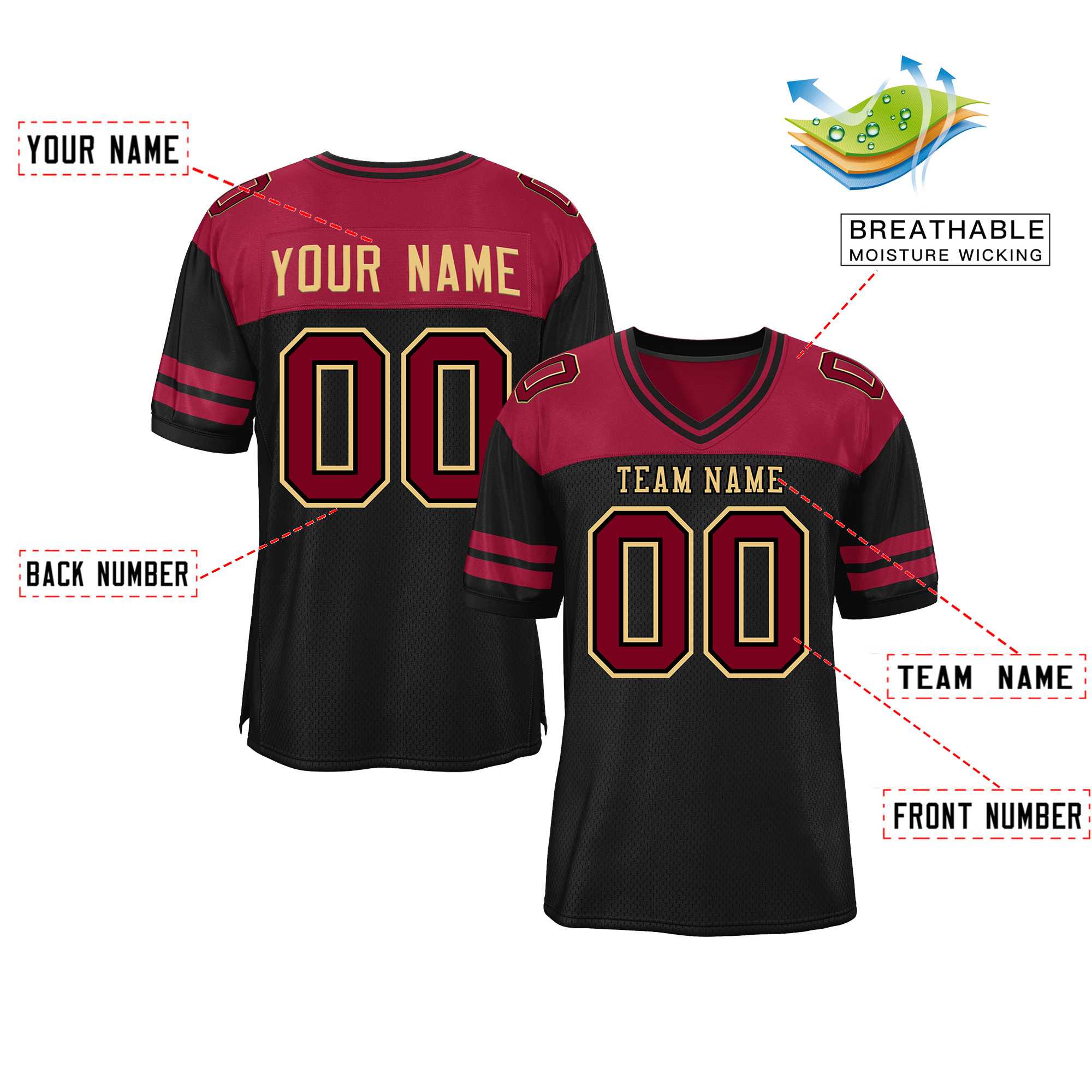 Custom Black Crimson Personalized Color Block Authentic Football Jersey