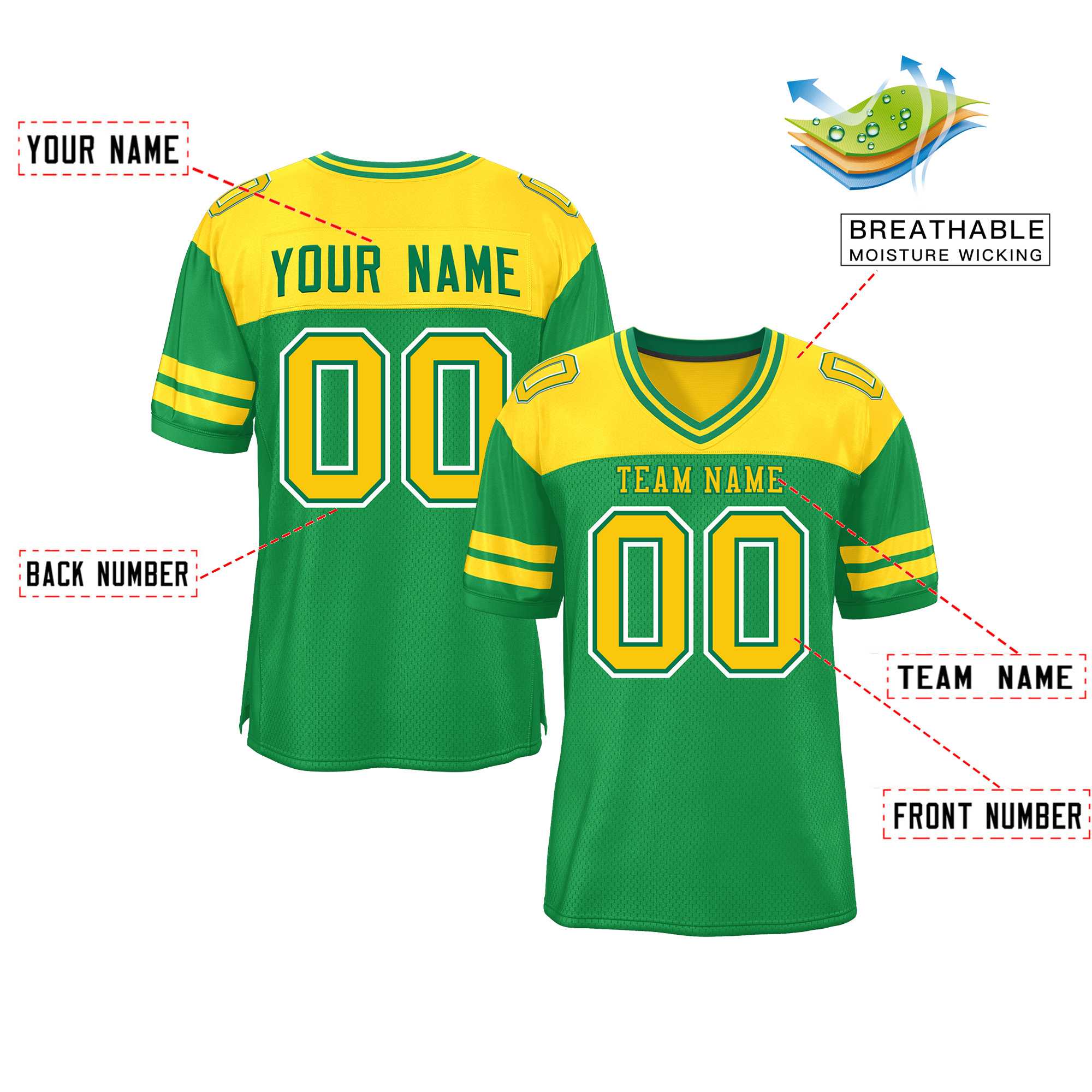 Custom Kelly Green Gold Personalized Color Block Authentic Football Jersey