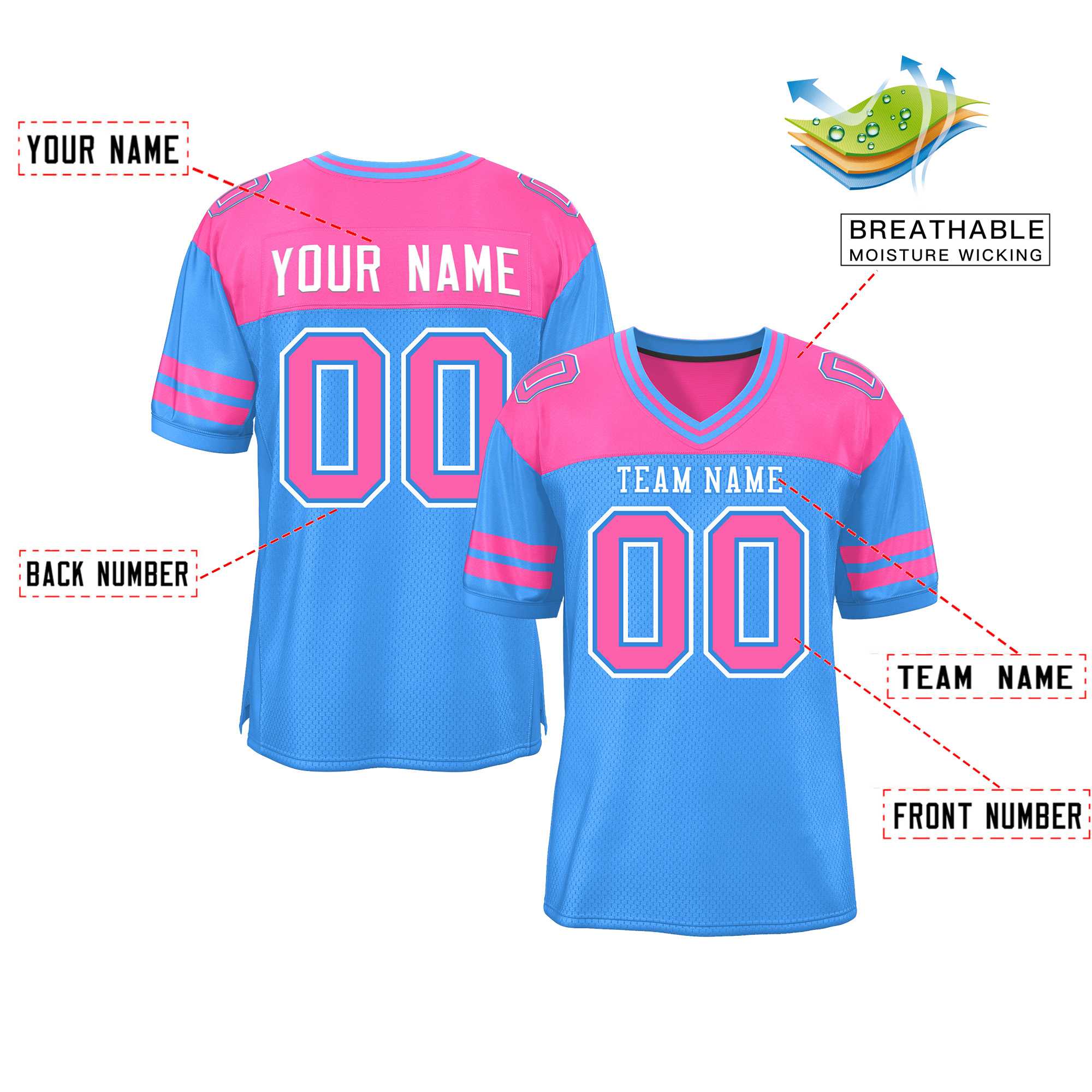 Custom Powder Blue Pink Personalized Color Block Authentic Football Jersey