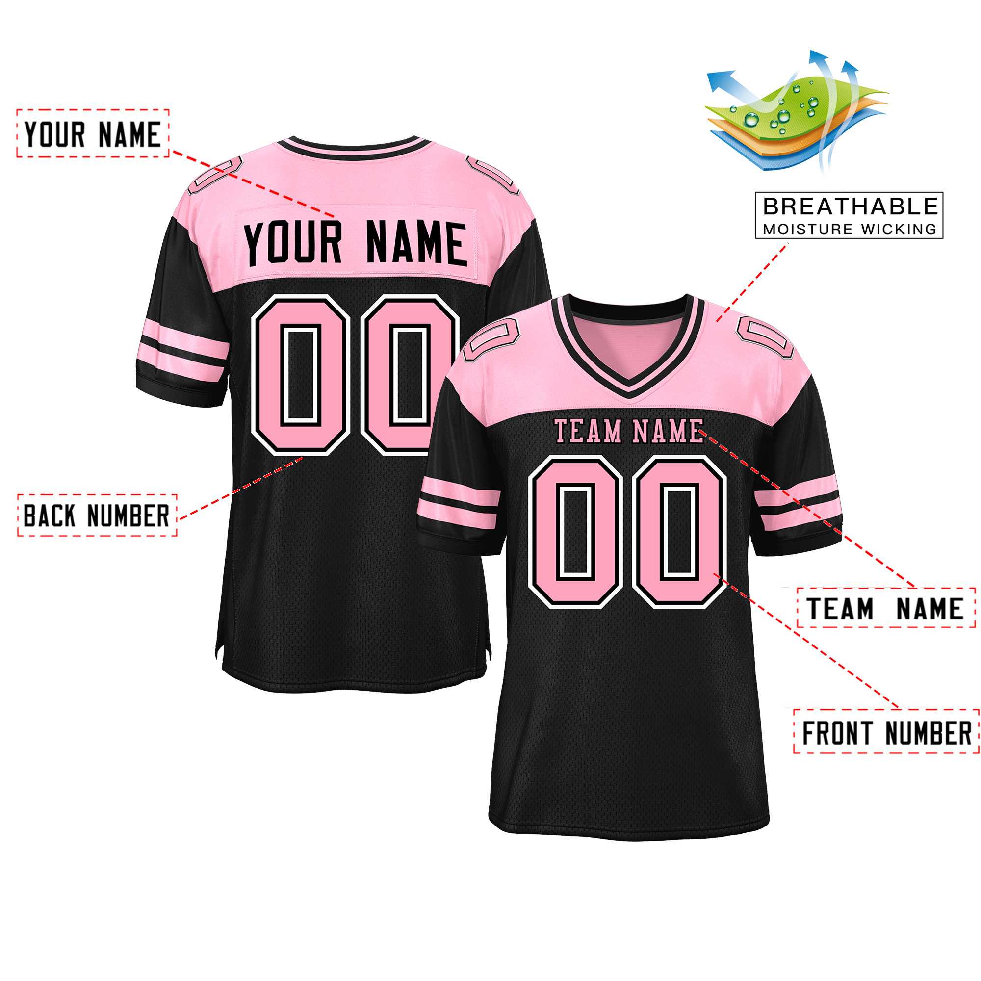 Custom Black Light Pink Personalized Color Block Authentic Football Jersey