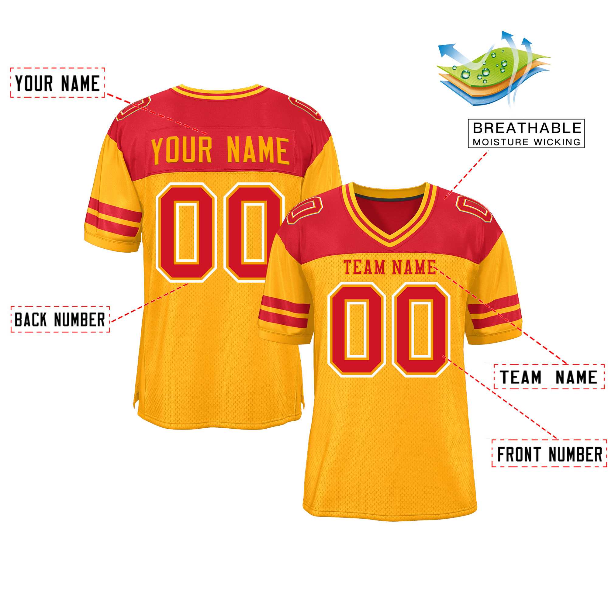 Custom Yellow Red Personalized Color Block Authentic Football Jersey