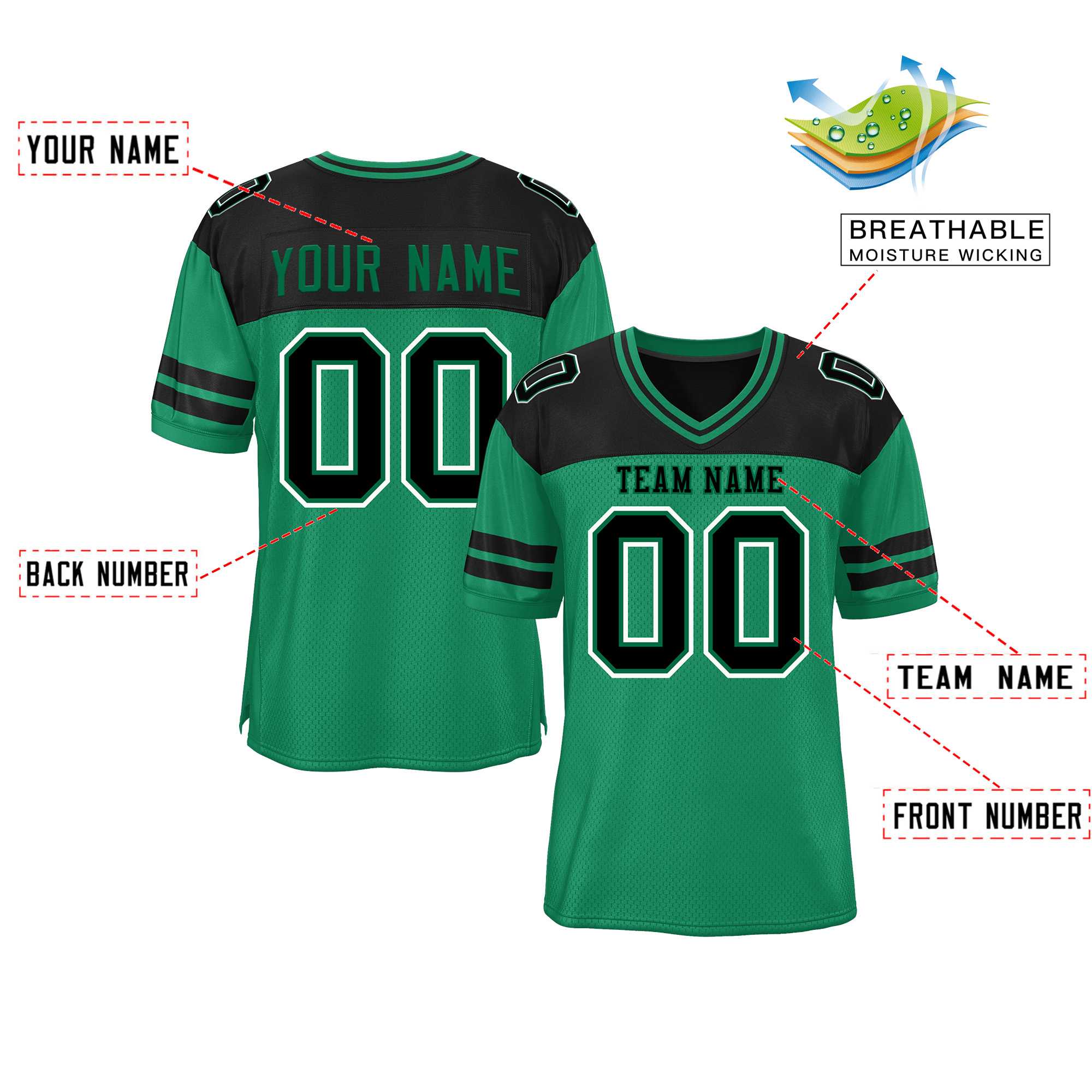 Custom Kelly Green Black Personalized Color Block Authentic Football Jersey