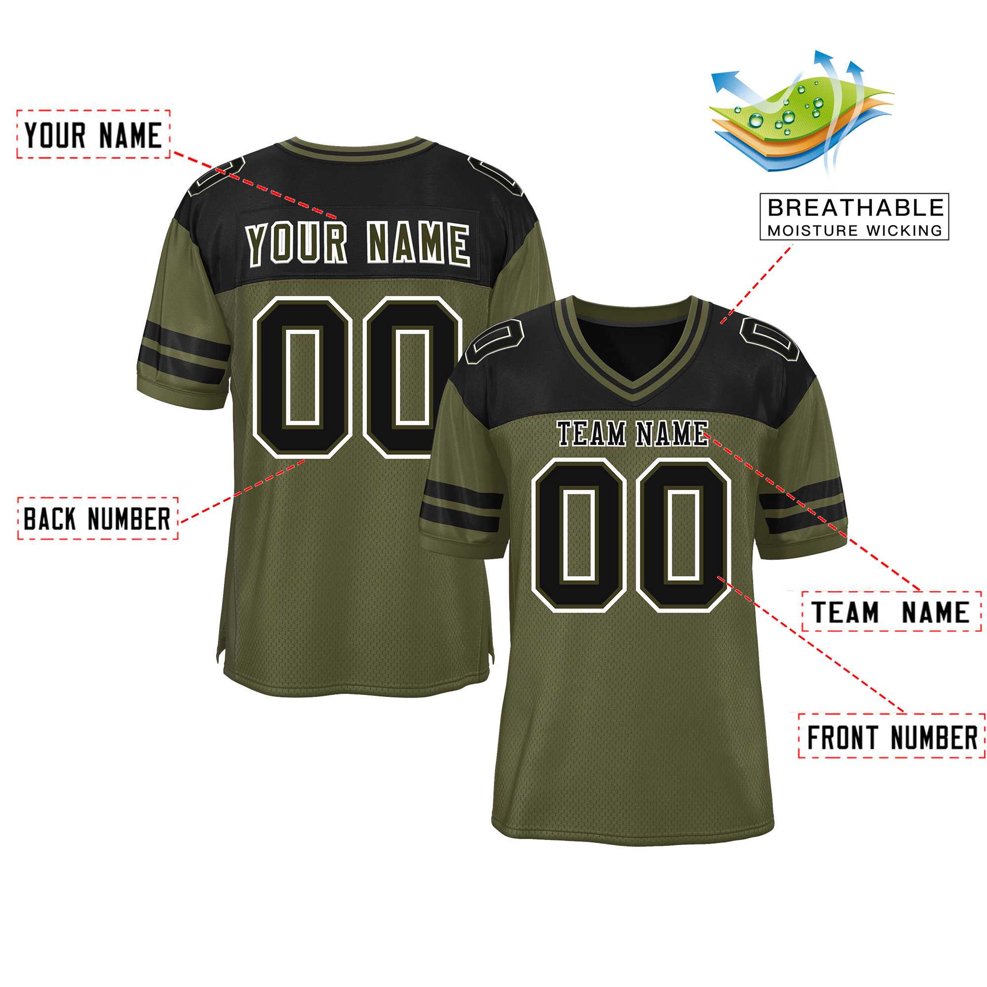 Custom Olive Black Personalized Color Block Authentic Football Jersey