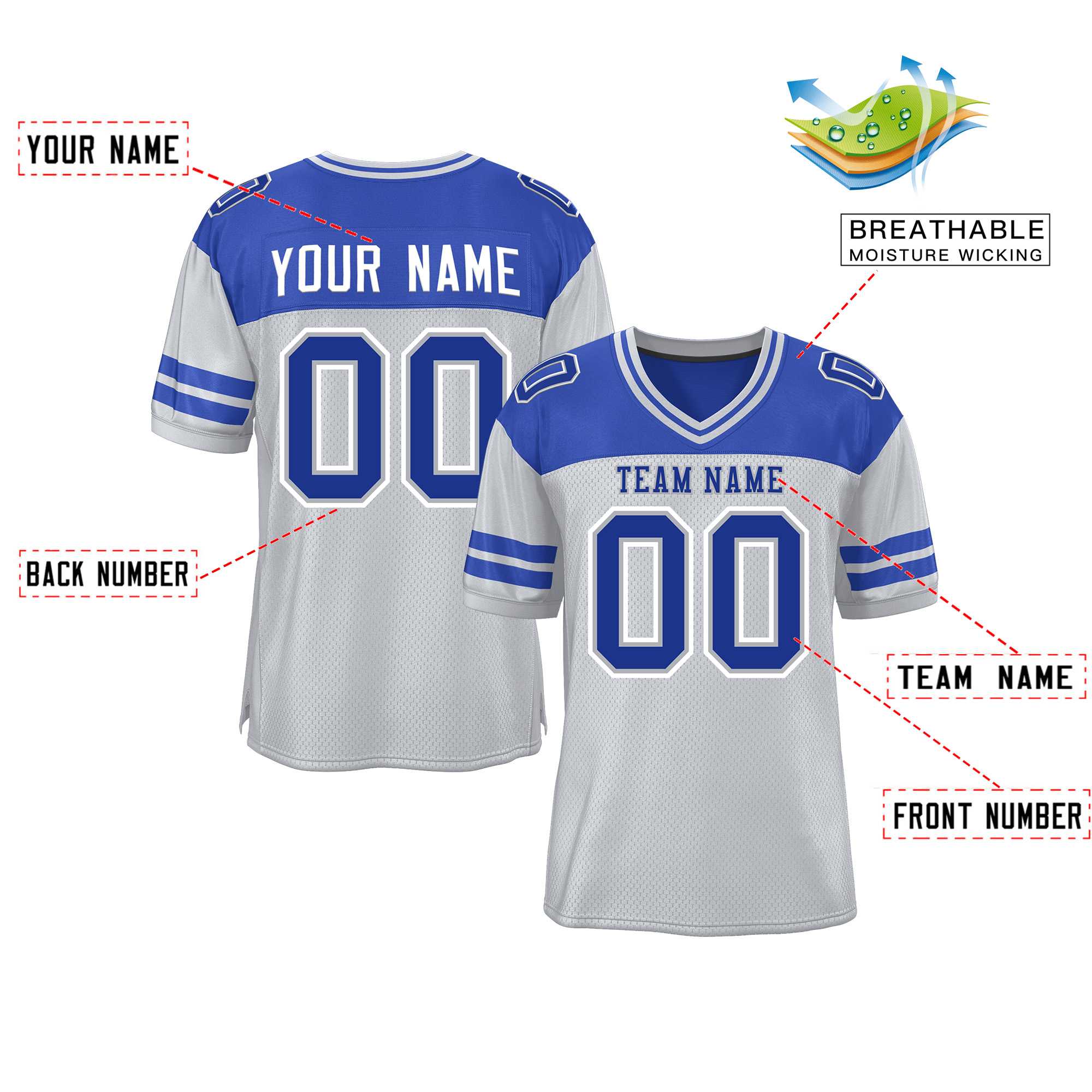 Custom Gray Royal Personalized Color Block Authentic Football Jersey