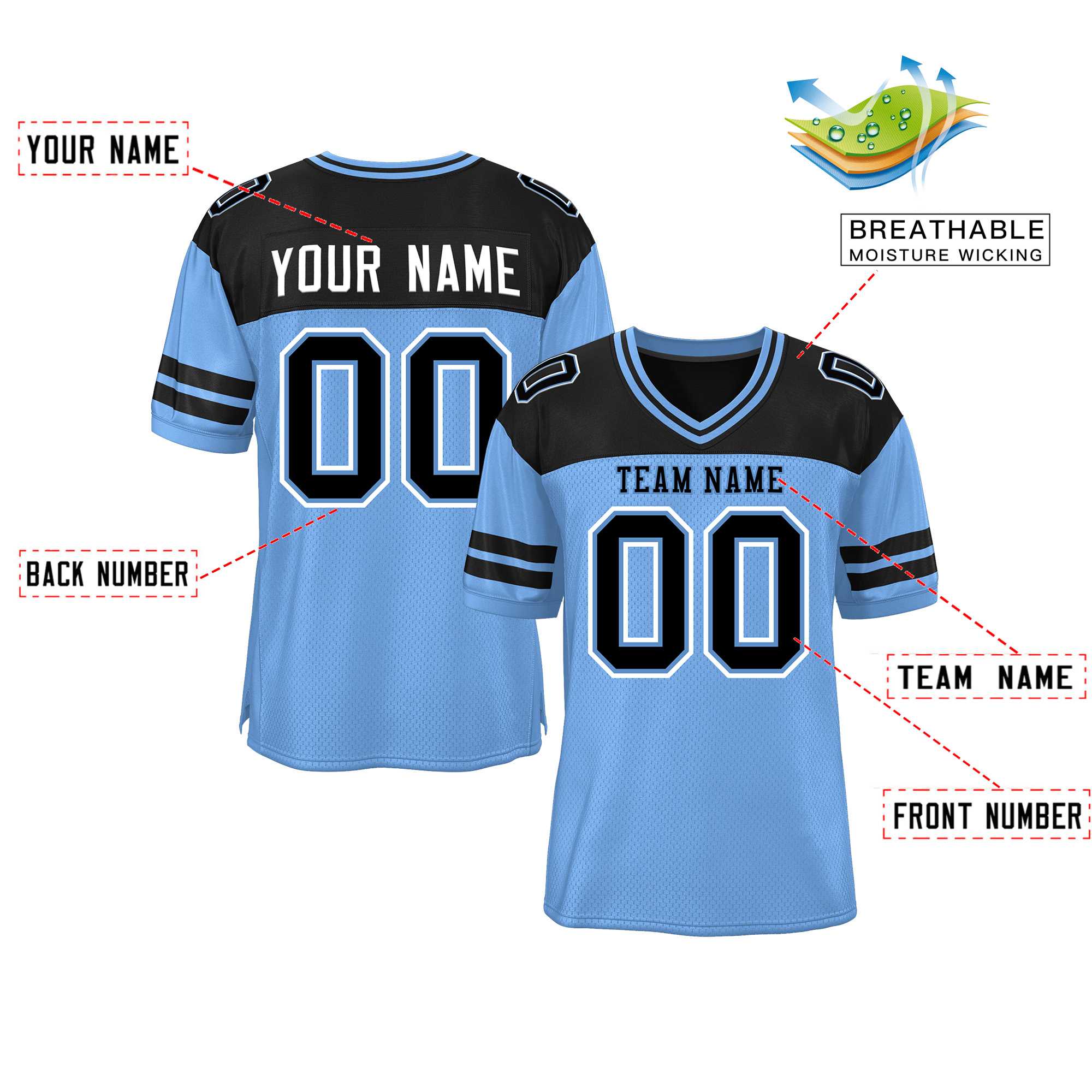 Custom Light Blue Black Personalized Color Block Authentic Football Jersey