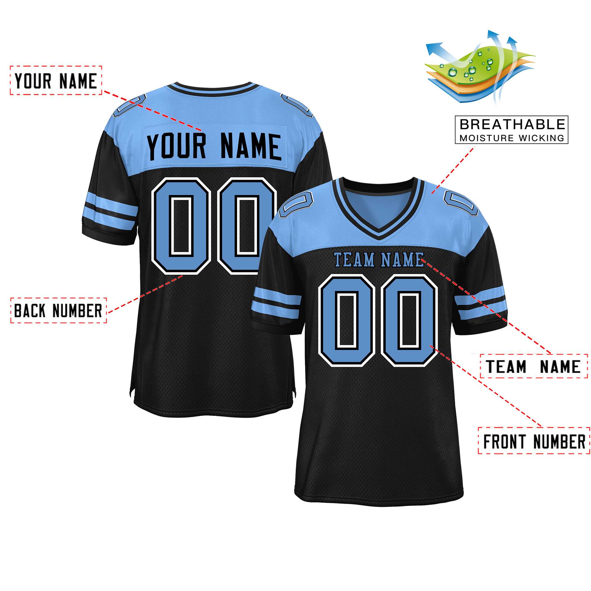 Custom Black Light Blue Personalized Color Block Authentic Football Jersey