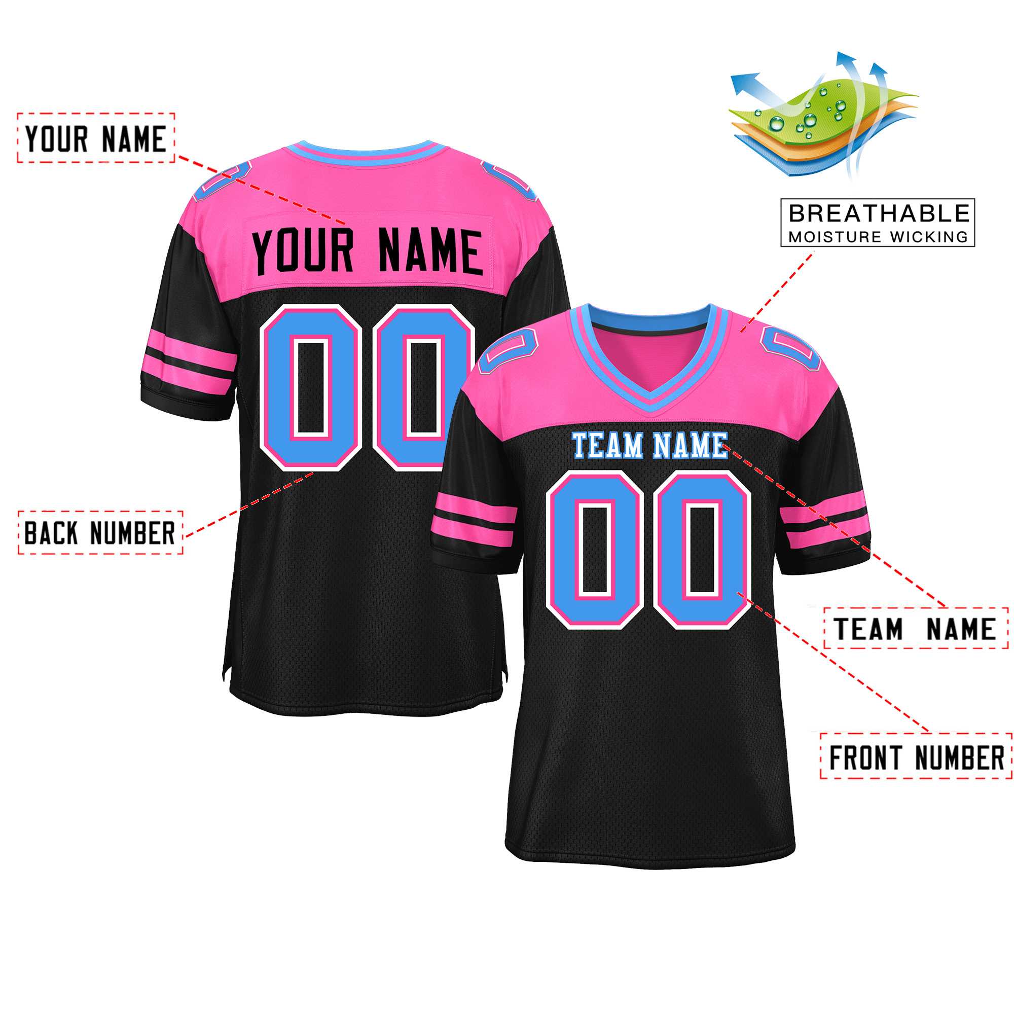 Custom Black Pink Personalized Color Block Authentic Football Jersey