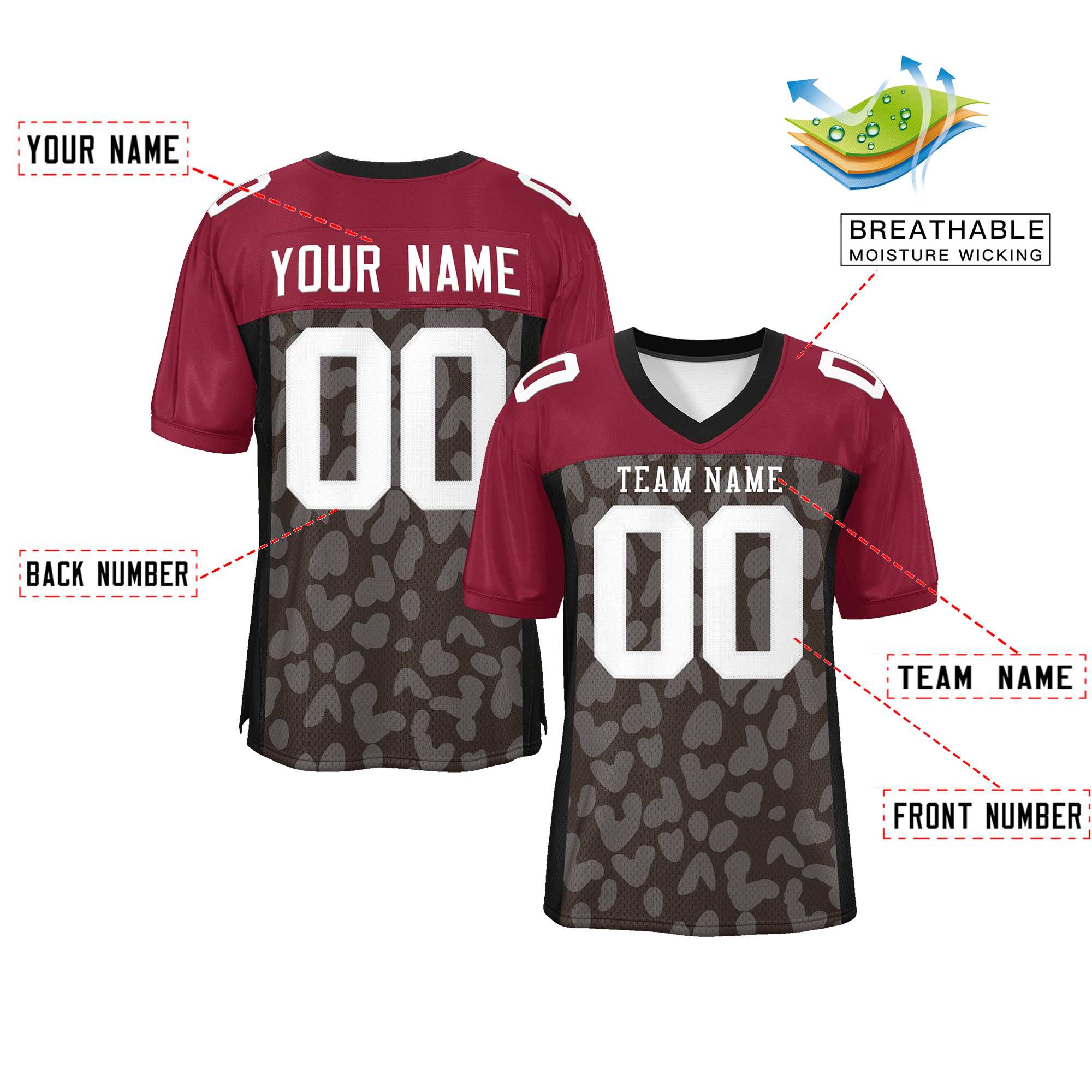 Custom Brown Crimson Raglan Sleeves Personalized Camo Authentic Football Jersey