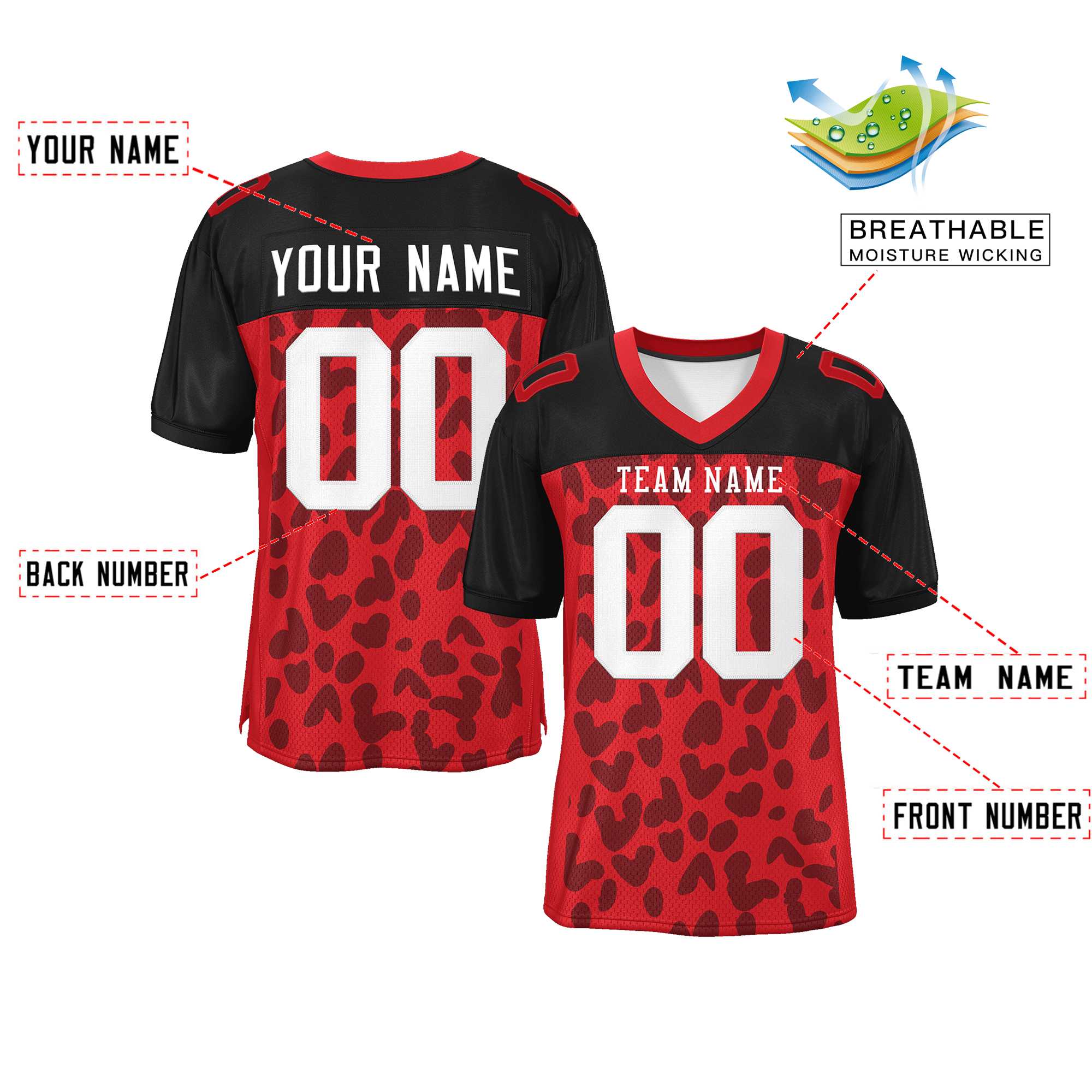 Custom Red Black Raglan Sleeves Personalized Camo Authentic Football Jersey