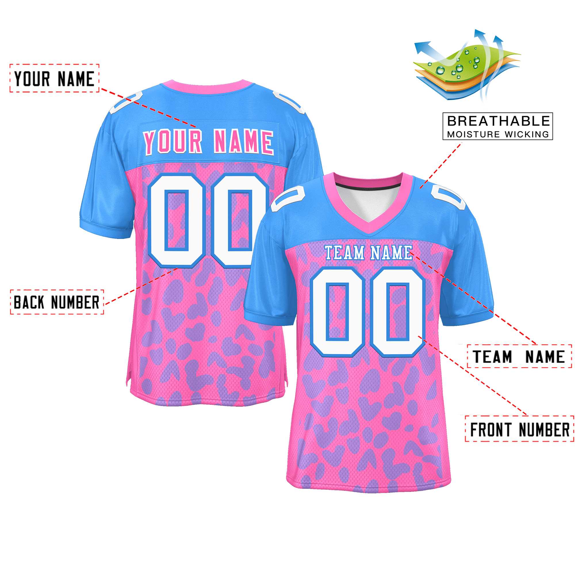 Custom Pink Powder Blue Raglan Sleeves Personalized Camo Authentic Football Jersey