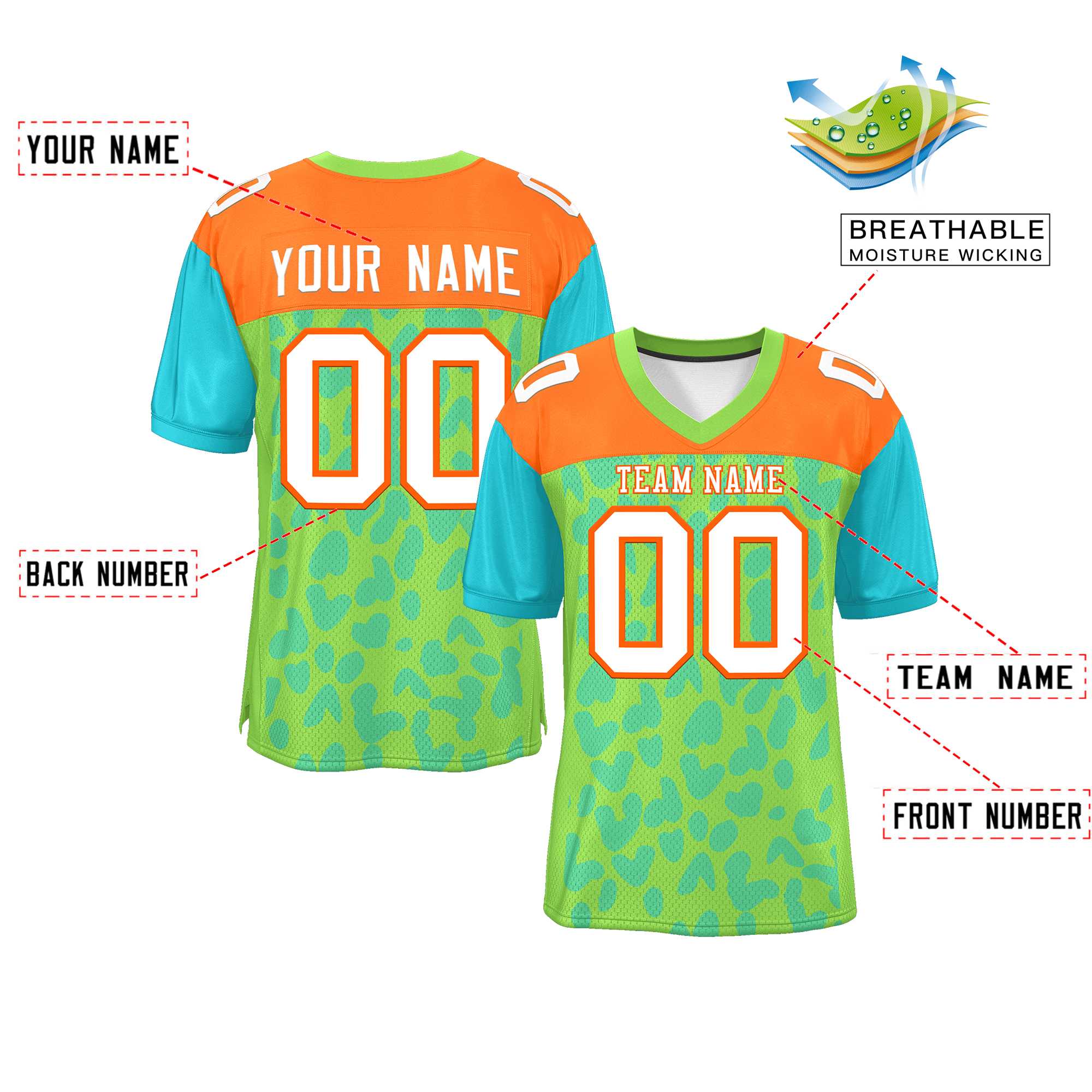 Custom Neon Green Orange-Aqua Raglan Sleeves Personalized Camo Authentic Football Jersey