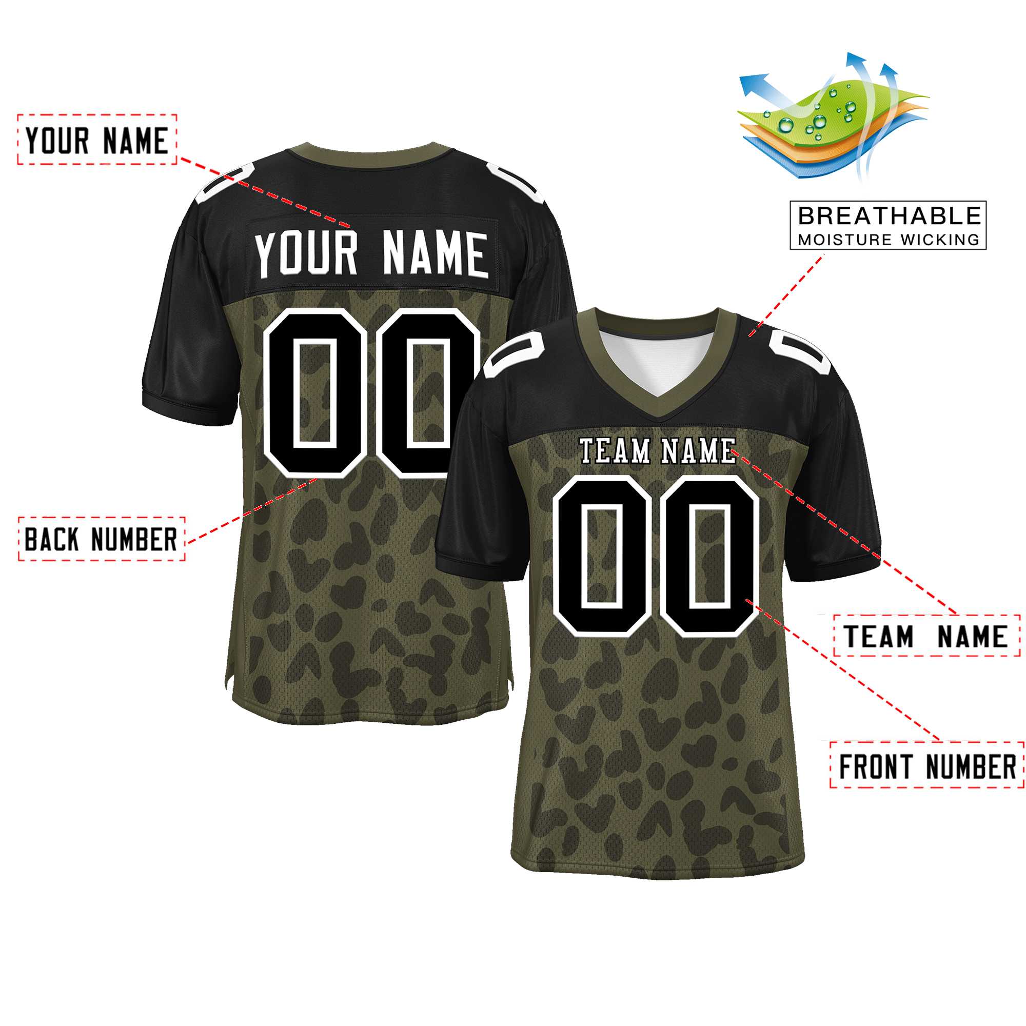 Custom Olive Black Raglan Sleeves Personalized Camo Authentic Football Jersey