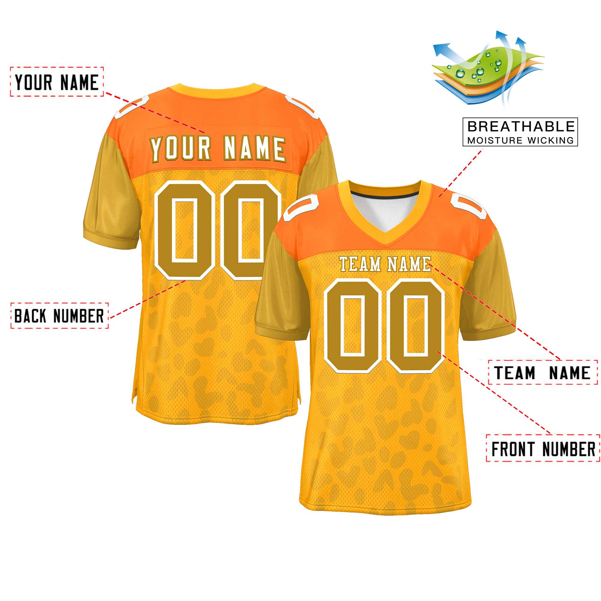 Custom Yellow Orange-Old Gold Raglan Sleeves Personalized Camo Authentic Football Jersey