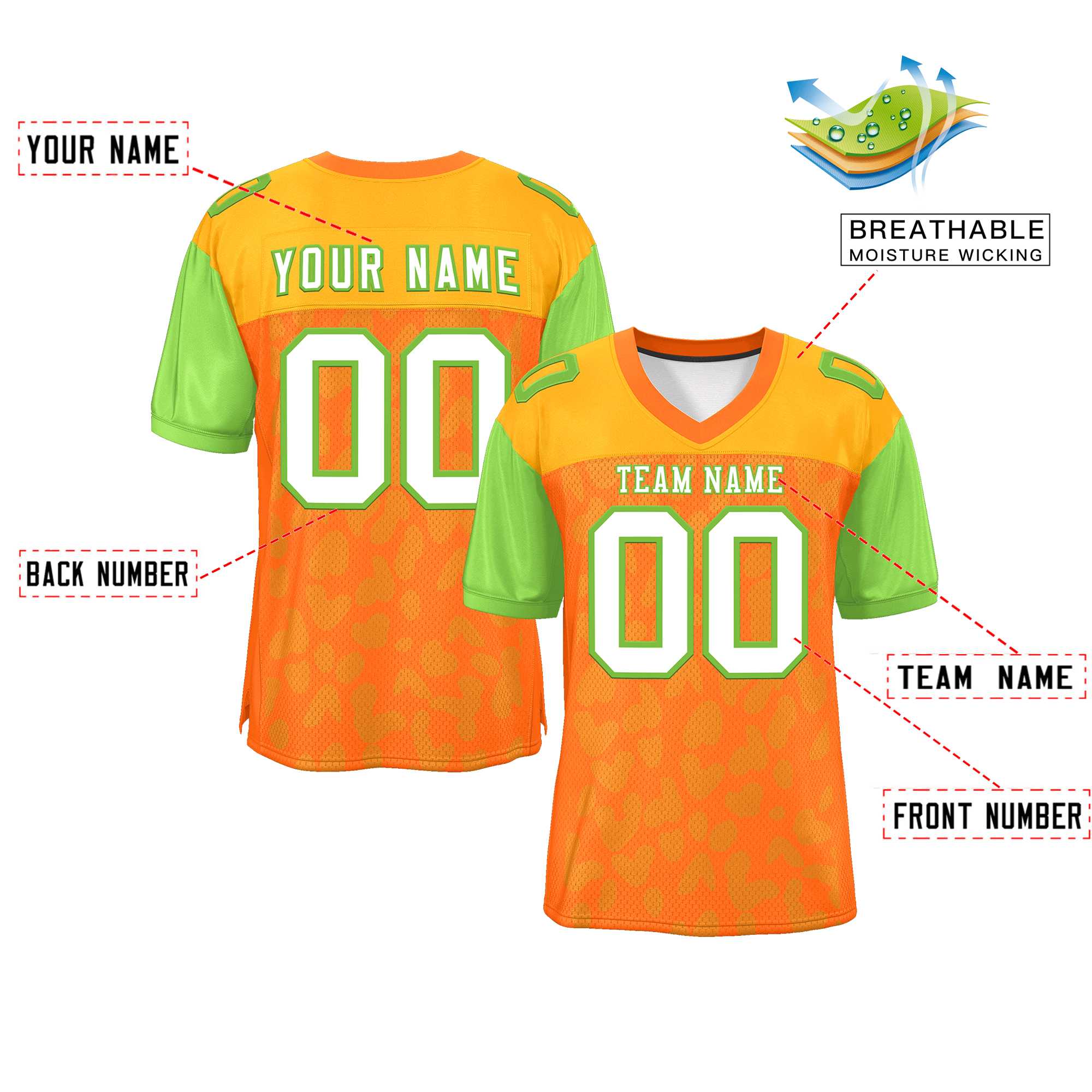 Custom Orange Yellow-Neon Green Raglan Sleeves Personalized Camo Authentic Football Jersey