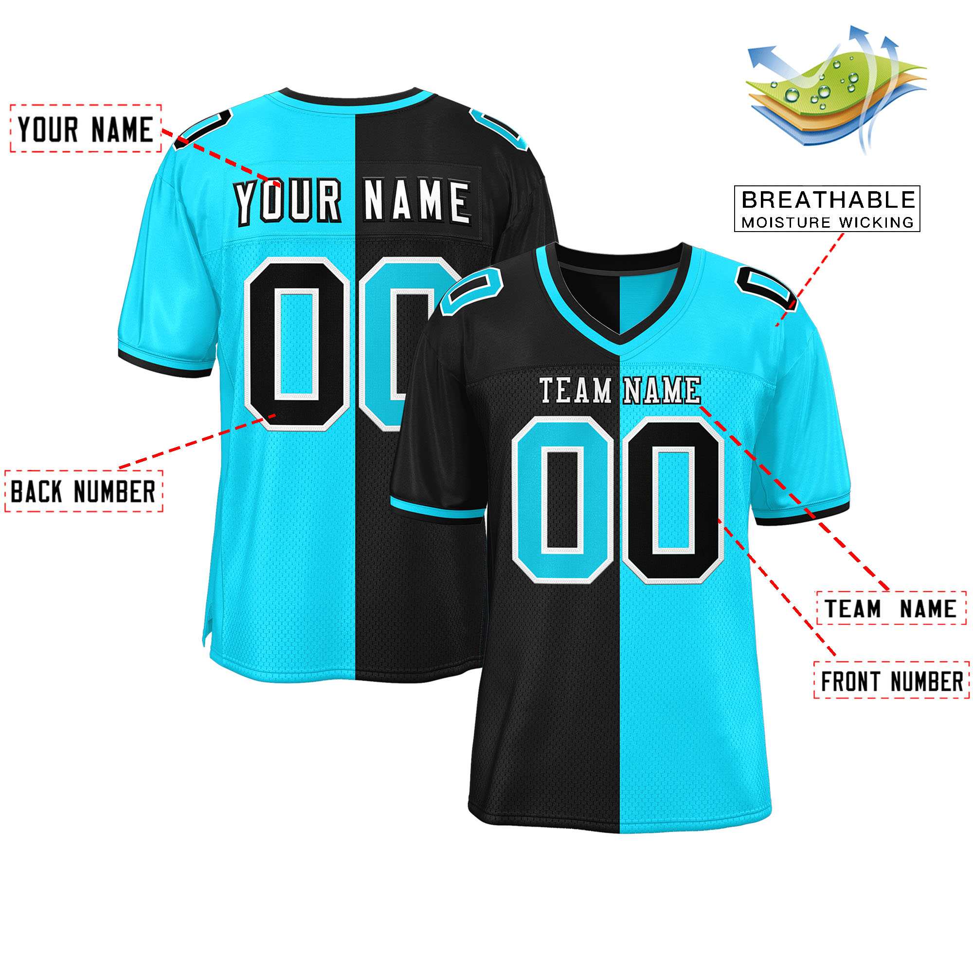 Custom Black Sky Blue Personalized Split Two Tone Design Authentic Football Jersey