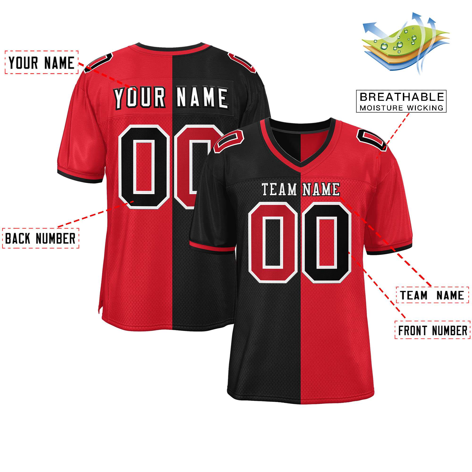 Custom Black Red Personalized Split Two Tone Design Authentic Football Jersey