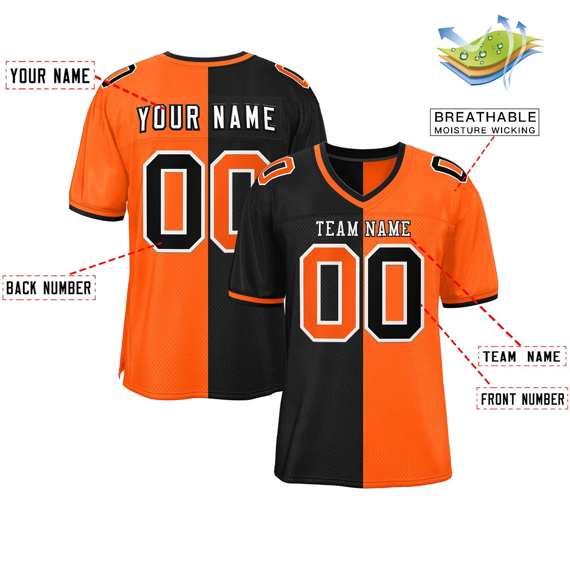 Custom Black Orange Personalized Split Two Tone Design Authentic Football Jersey