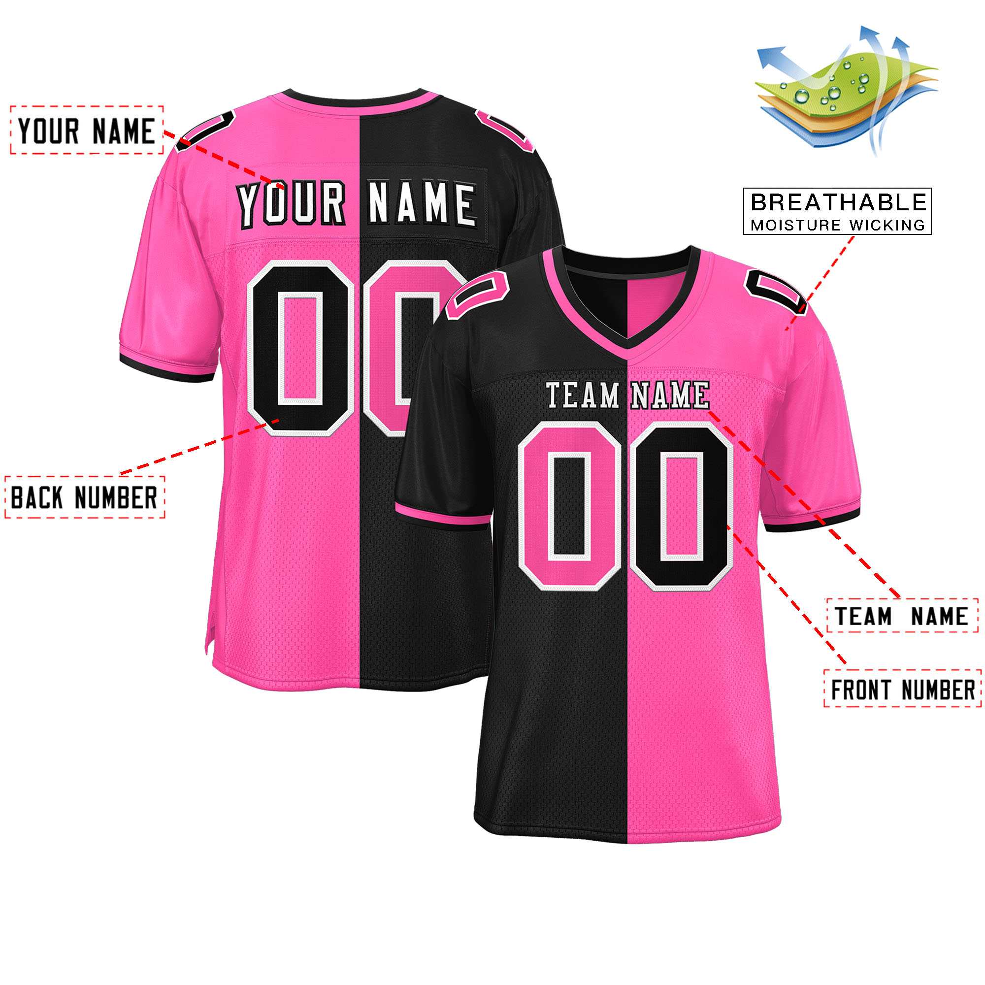 Custom Black Pink Personalized Split Two Tone Design Authentic Football Jersey