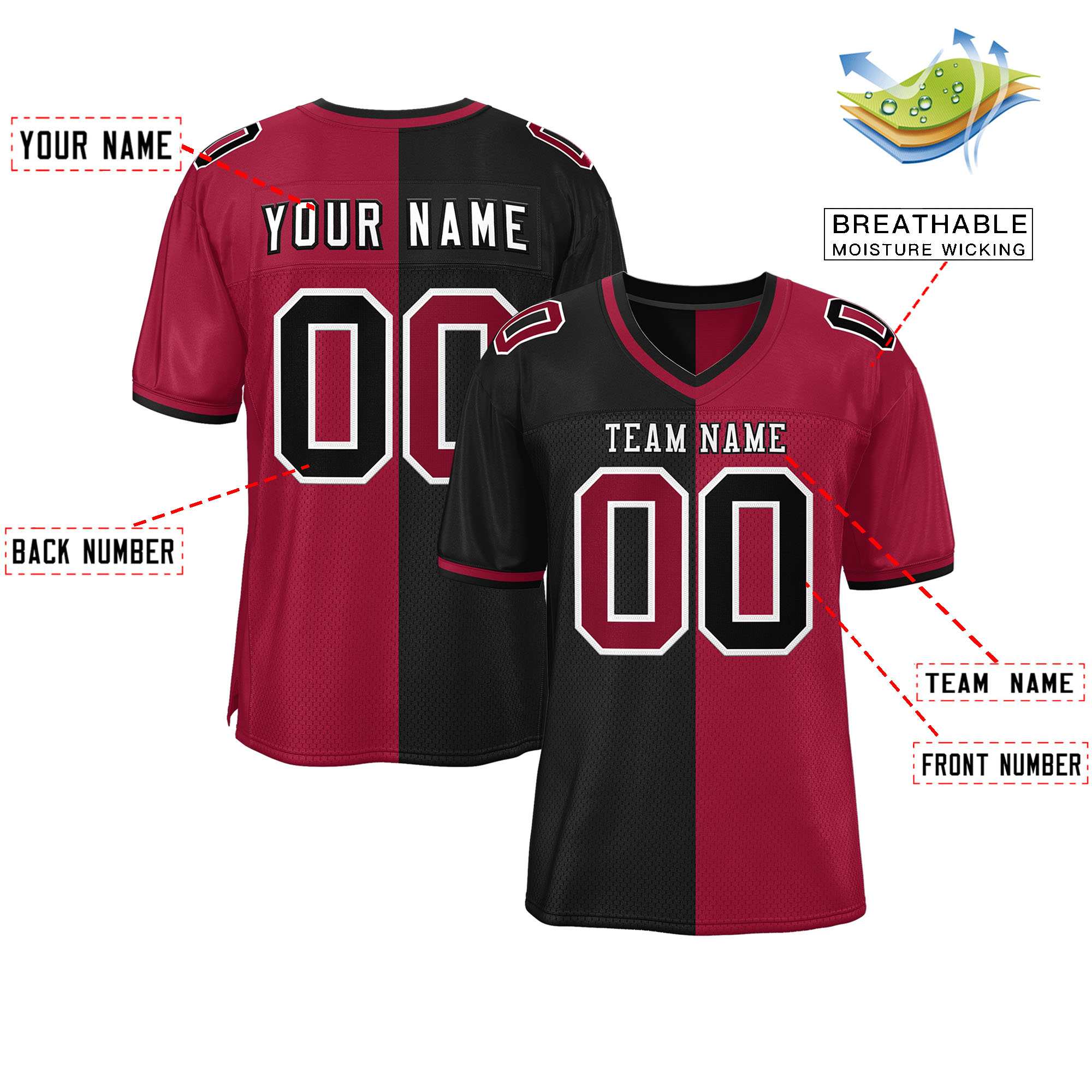 Custom Black Red Personalized Split Two Tone Design Authentic Football Jersey